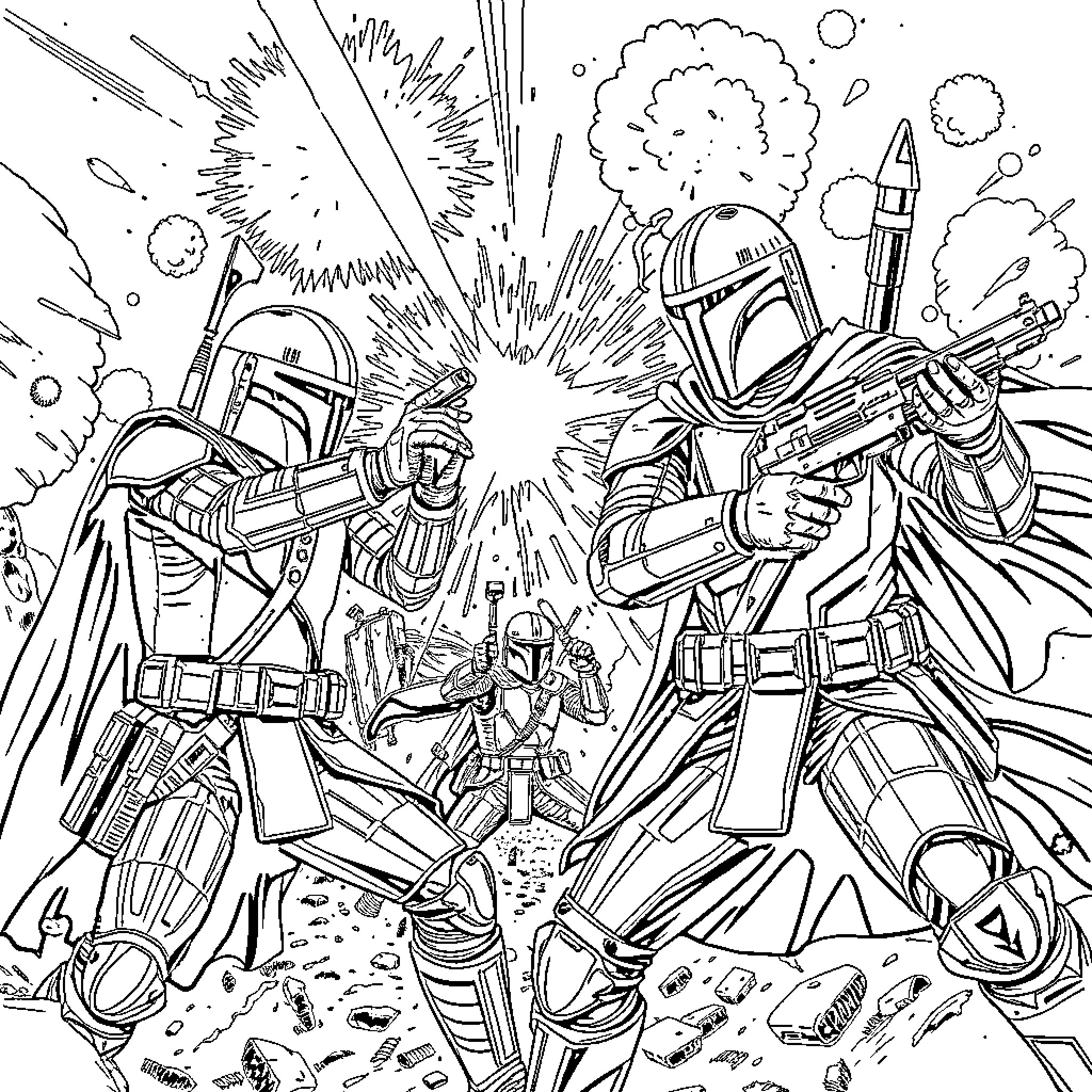 Mandalorian warriors in epic battle Coloring Page (free black-and-white line drawing printable PDF for all, from beginners to advanced learners, including children, teens, adults, and seniors)