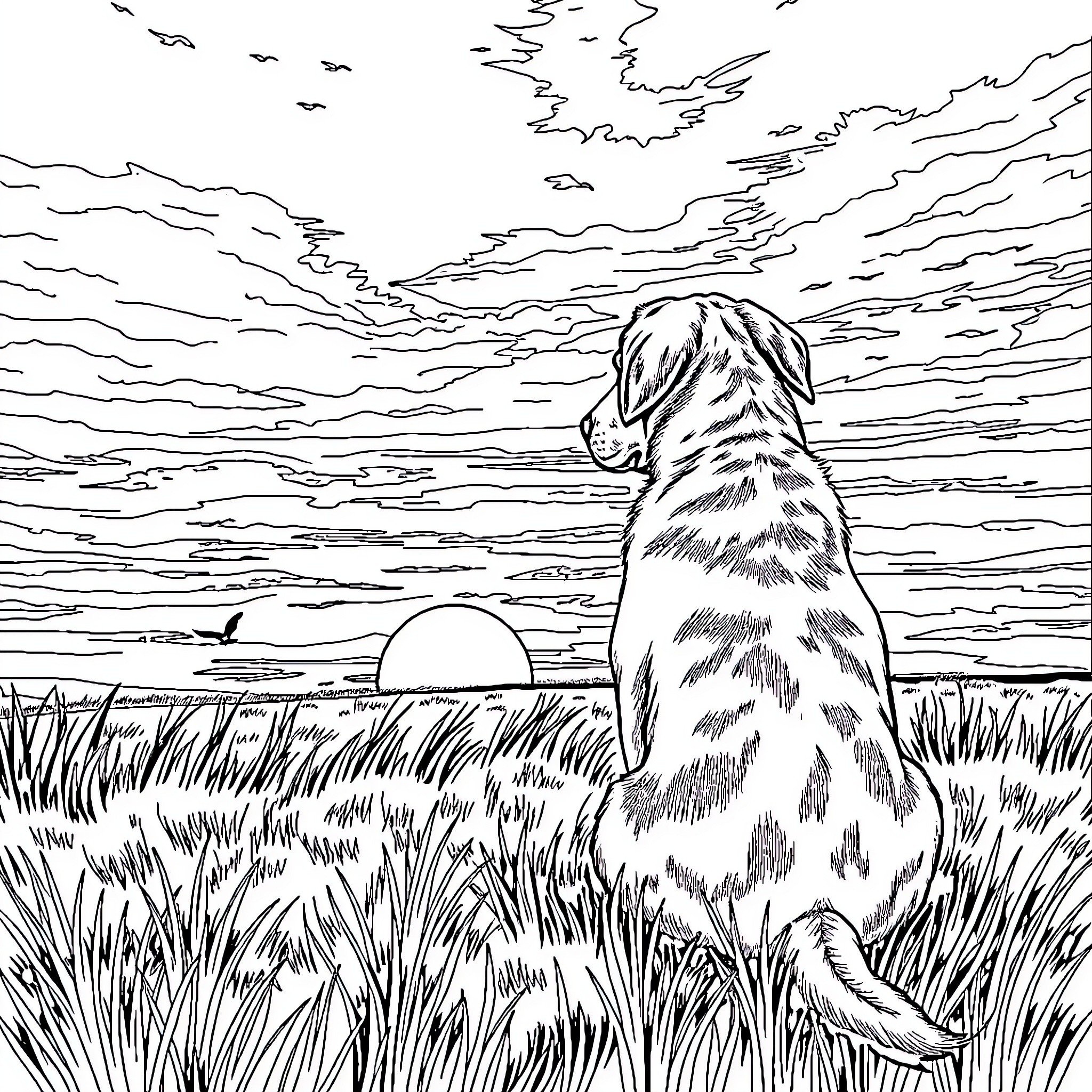 Dog watching the sunset in the wilderness Coloring Page (free black-and-white line drawing printable PDF for all, from beginners to advanced learners, including children, teens, adults, and seniors)