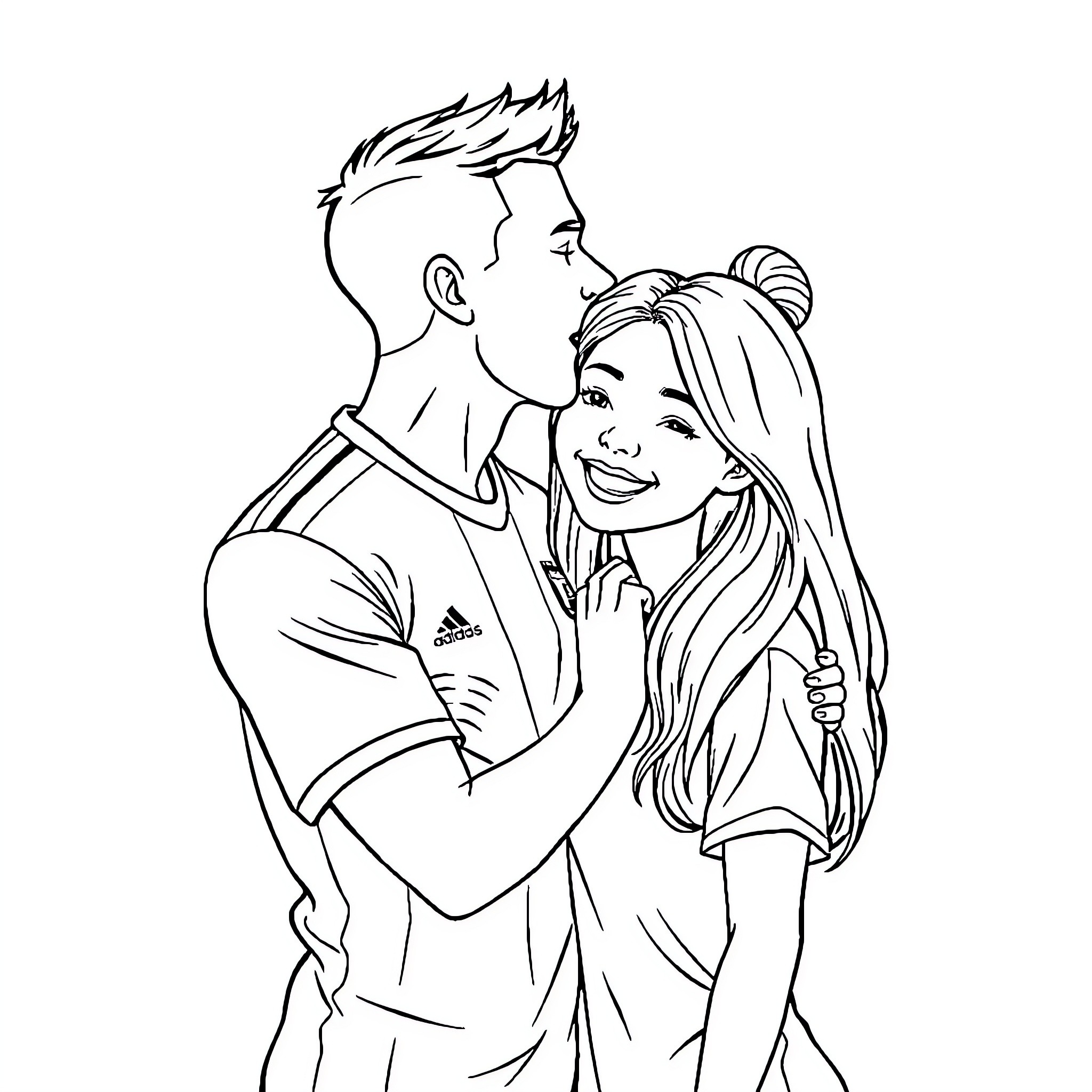 Soccer Player Embracing Cheerful Partner Coloring Page (free black-and-white line drawing printable PDF for all, from beginners to advanced learners, including children, teens, adults, and seniors)