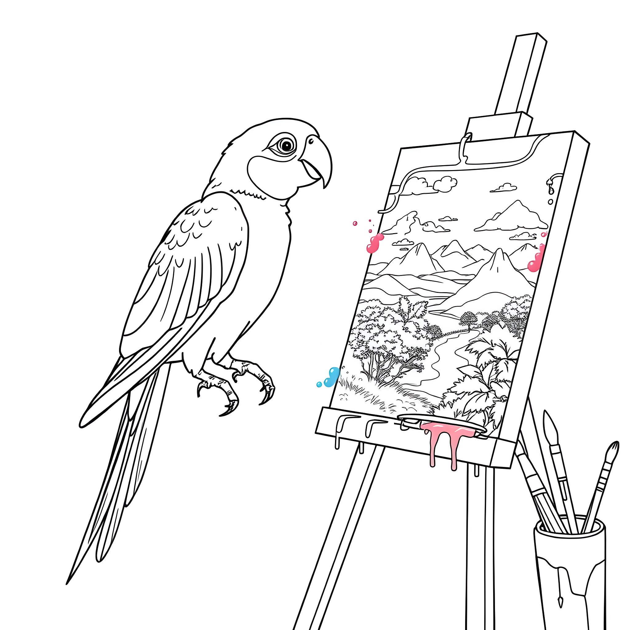 Parrot observing a landscape painting Coloring Page (free black-and-white line drawing printable PDF for all, from beginners to advanced learners, including children, teens, adults, and seniors)