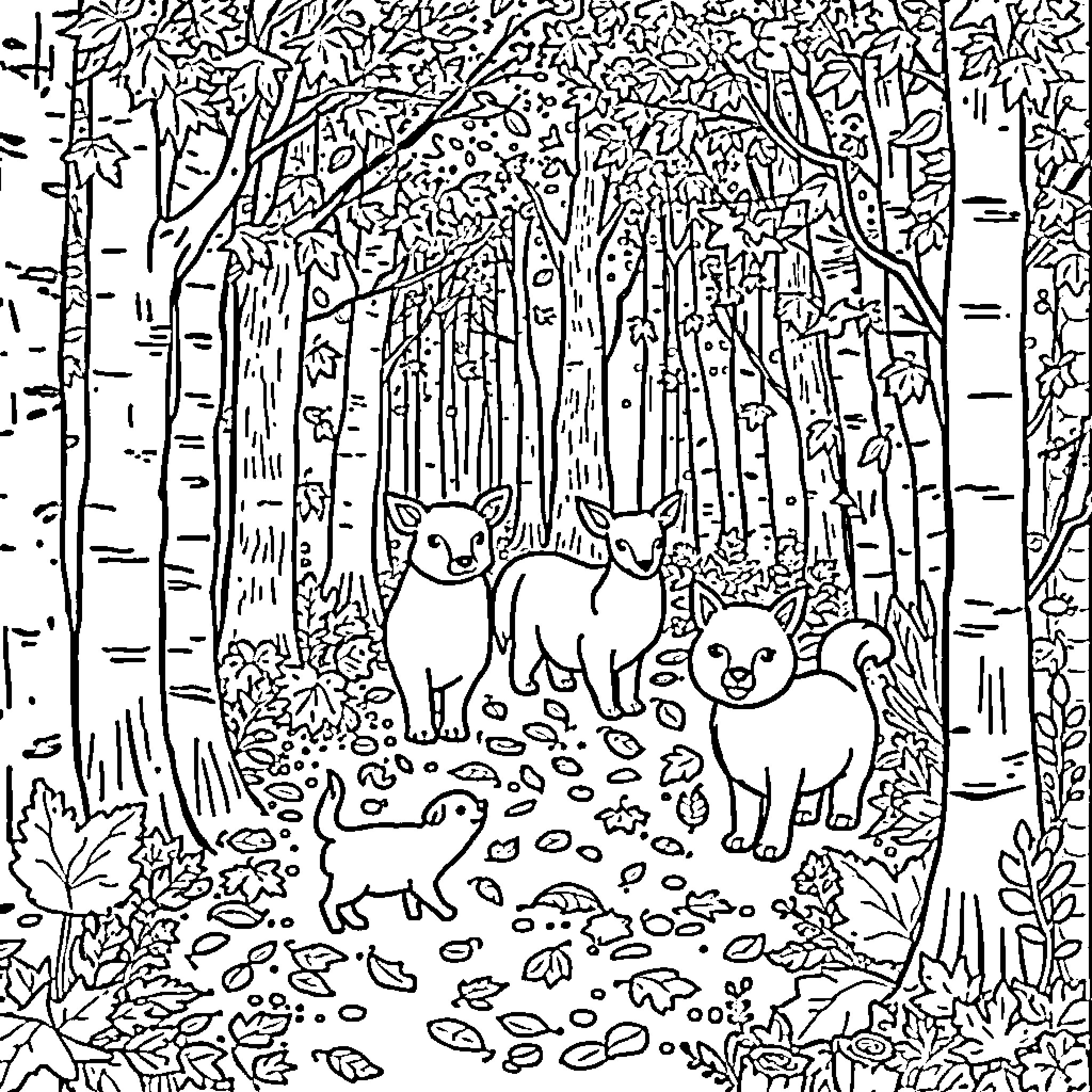 Animals exploring the forest scene Coloring Page (free black-and-white line drawing printable PDF for all, from beginners to advanced learners, including children, teens, adults, and seniors)