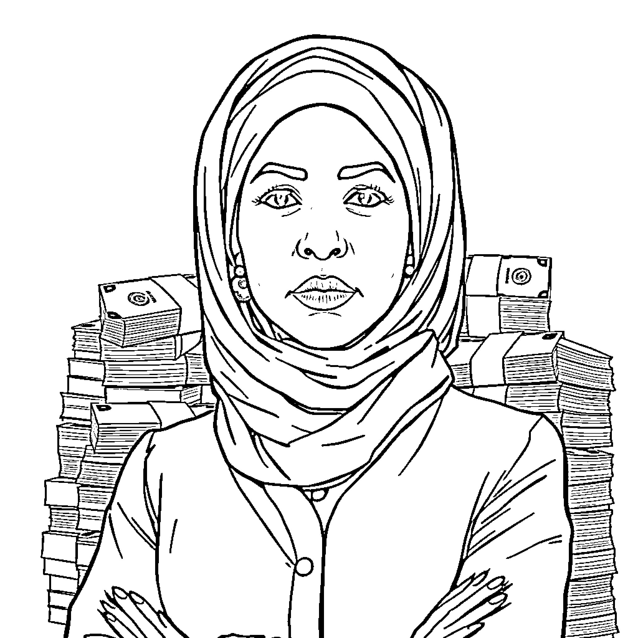 Ilhan Omar depicted in official attire with stacks of books and money Coloring Page (free black-and-white line drawing printable PDF for all, from beginners to advanced learners, including children, teens, adults, and seniors)