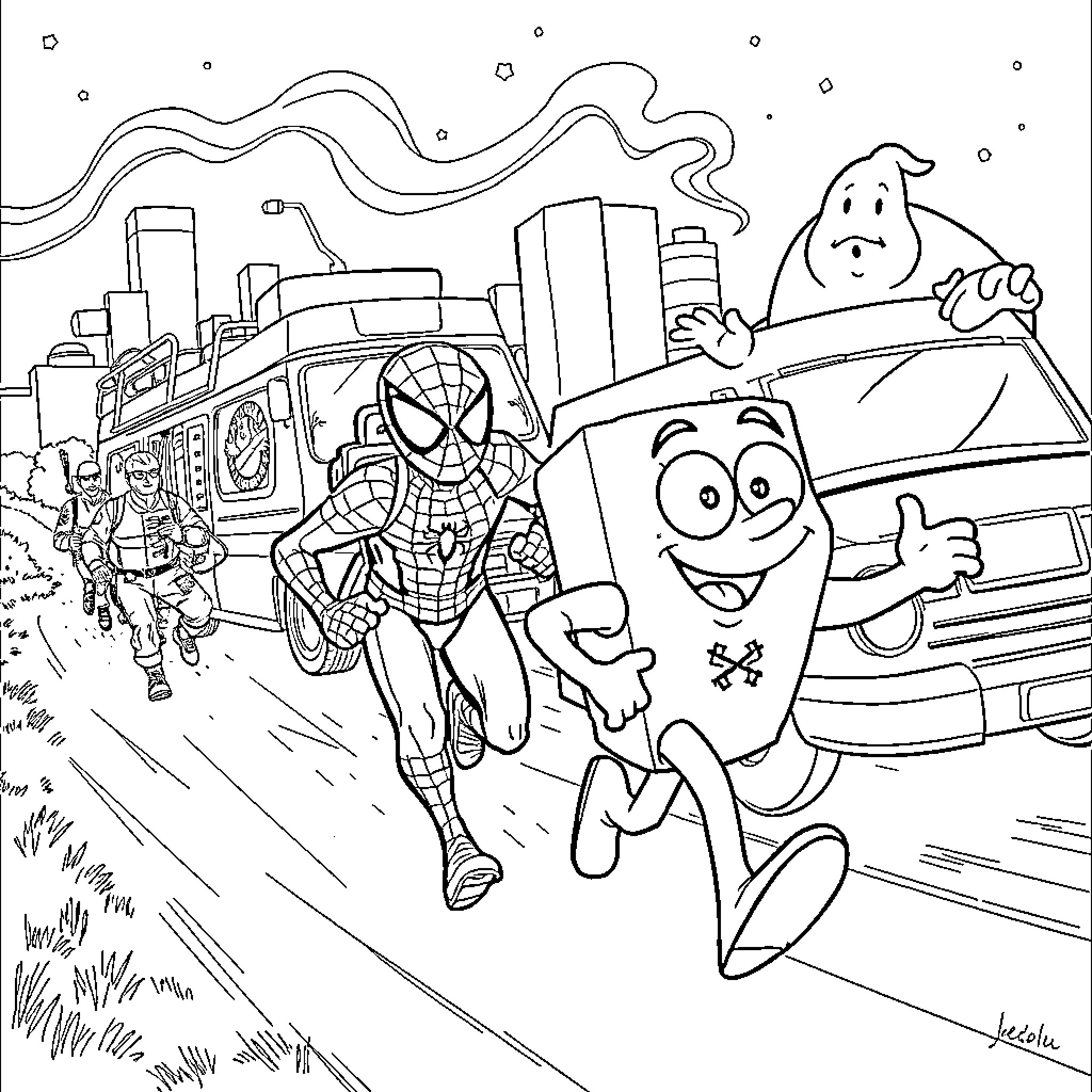 Spongebob characters running through a busy city street Coloring Page (free black-and-white line drawing printable PDF for all, from beginners to advanced learners, including children, teens, adults, and seniors)