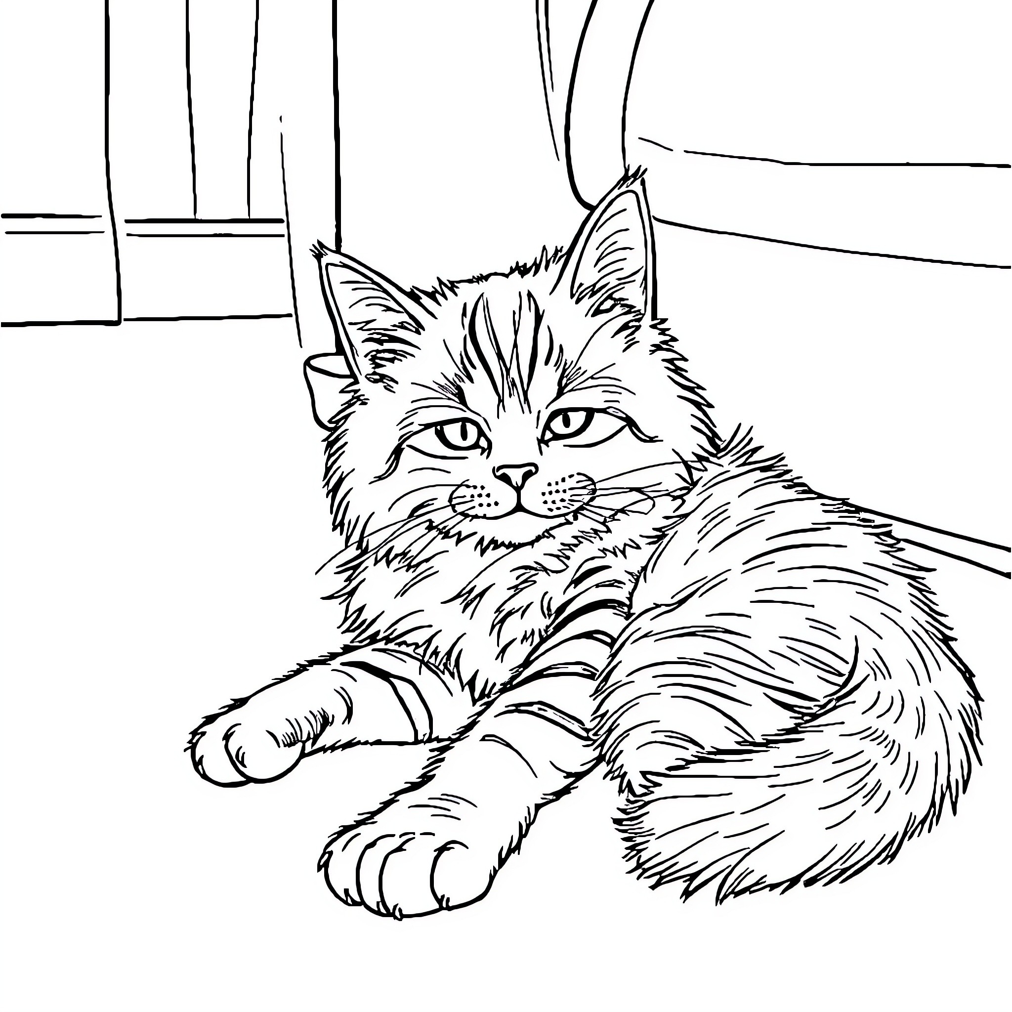 Tabby Cat resting peacefully on the floor Coloring Page (free black-and-white line drawing printable PDF for all, from beginners to advanced learners, including children, teens, adults, and seniors)