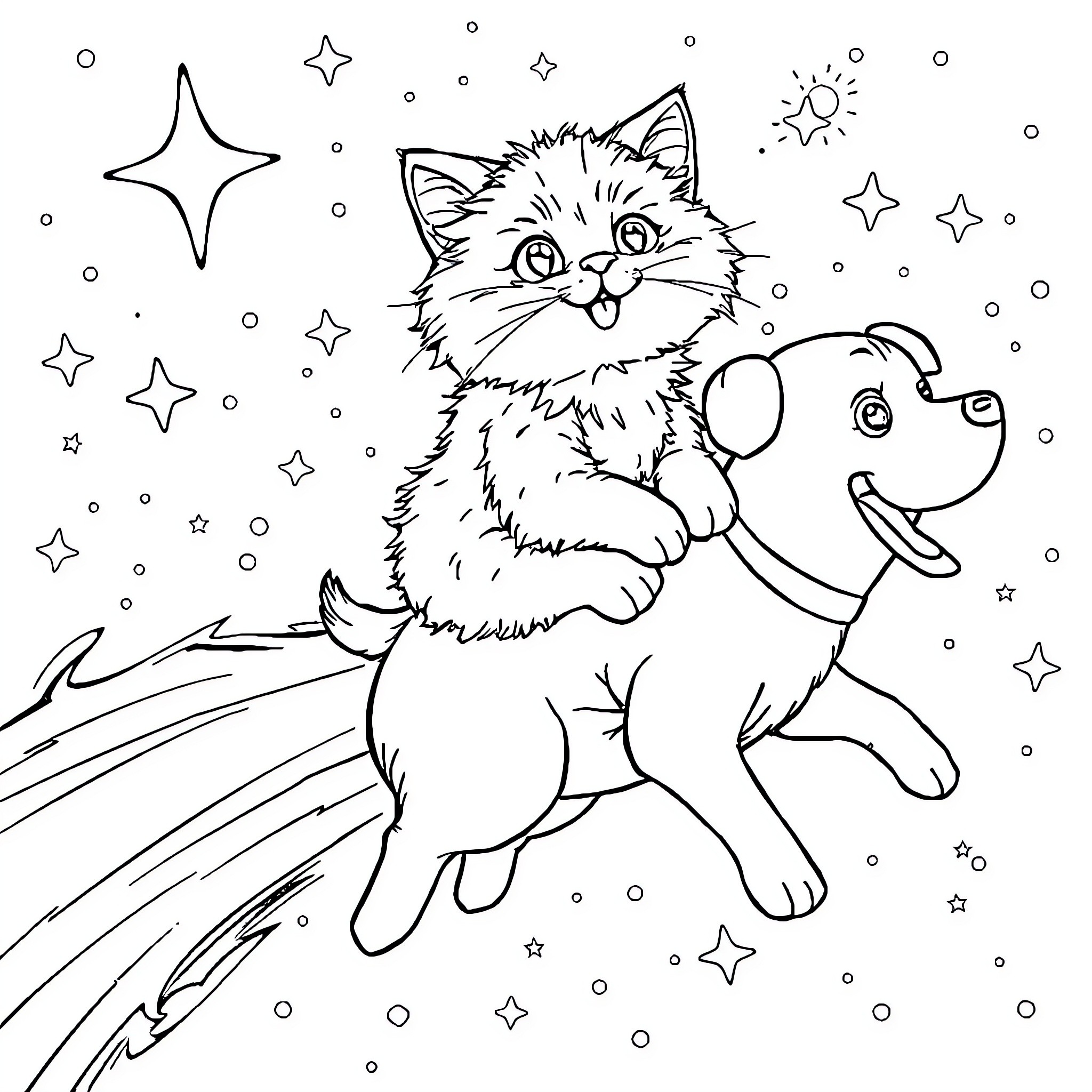 Cat playing with puppy under the stars Coloring Page (free black-and-white line drawing printable PDF for all, from beginners to advanced learners, including children, teens, adults, and seniors)