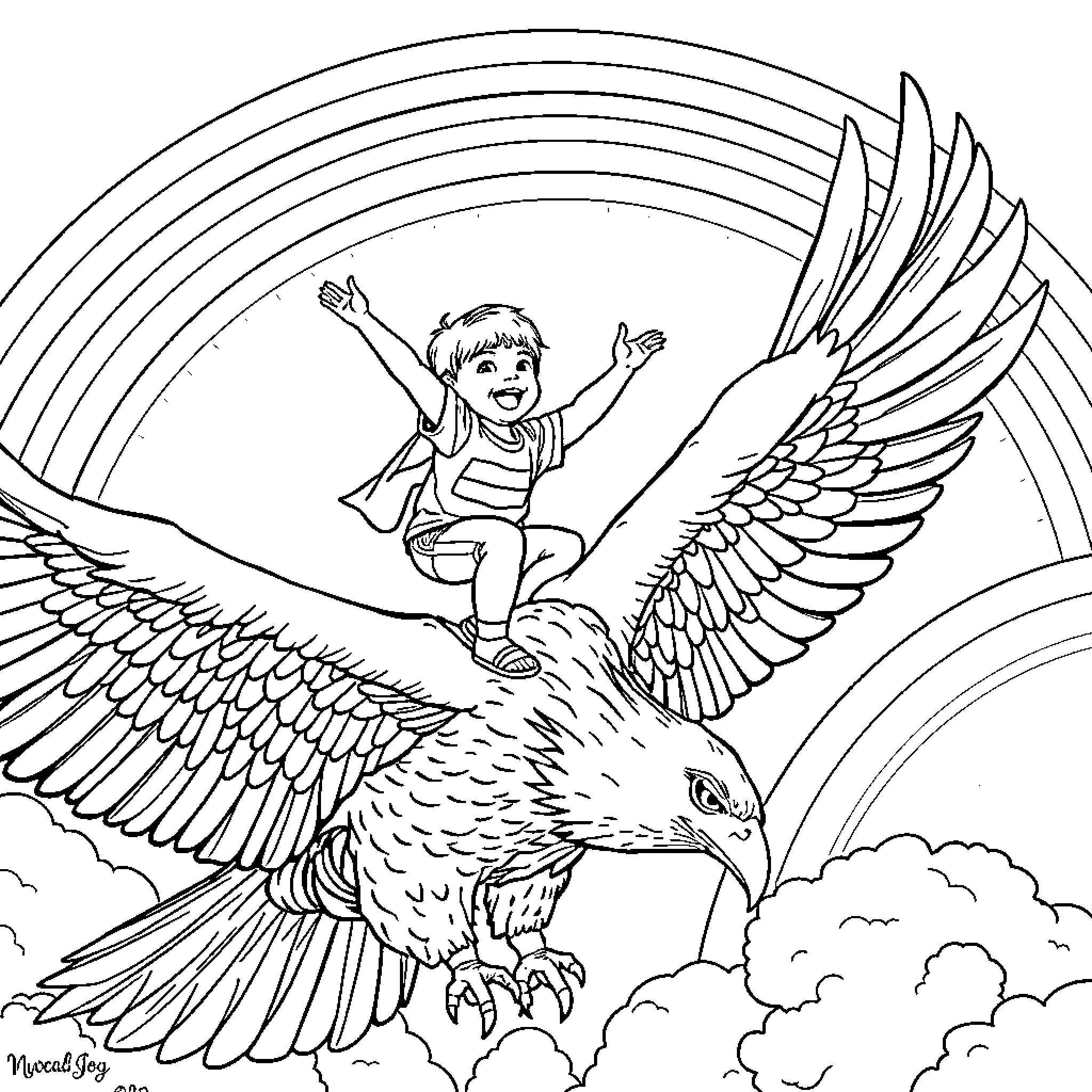 Boy riding a mythical winged creature in the sky Coloring Page (free black-and-white line drawing printable PDF for all, from beginners to advanced learners, including children, teens, adults, and seniors)