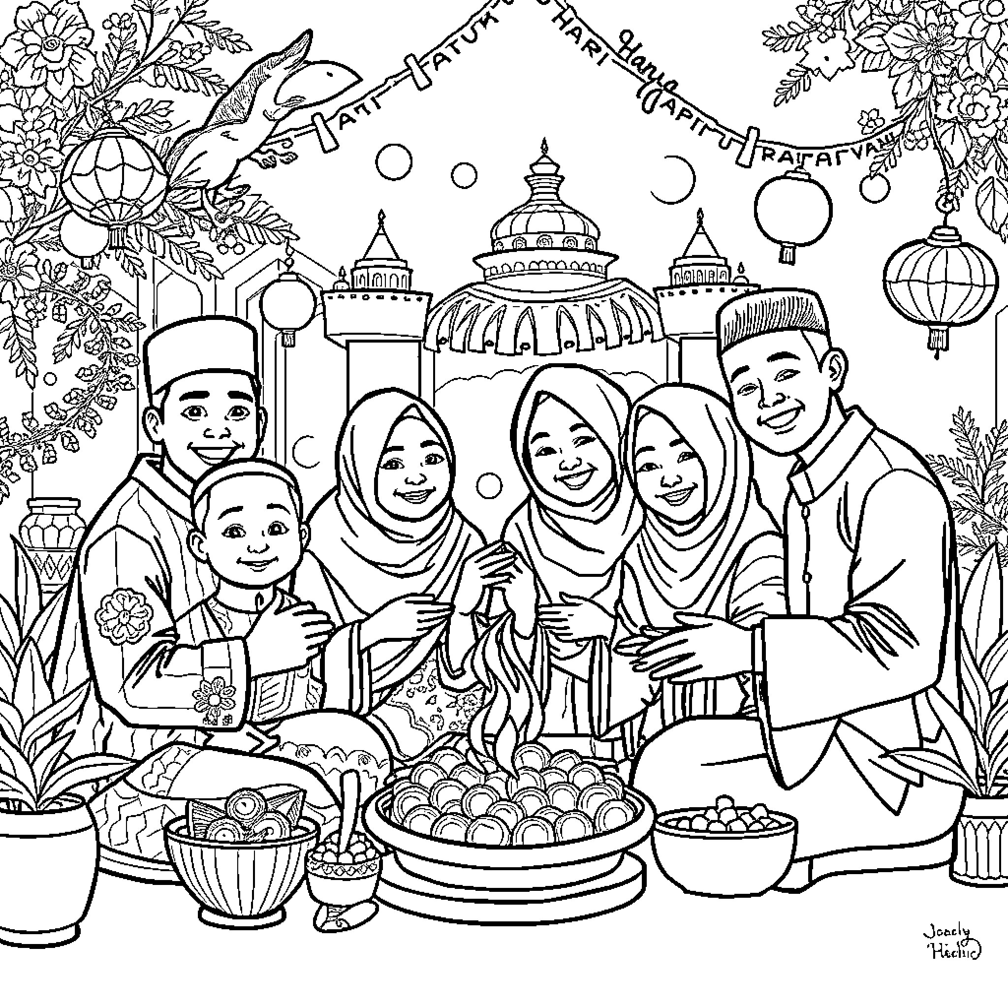 Hari Raya Celebration with Family Coloring Page (free black-and-white line drawing printable PDF for all, from beginners to advanced learners, including children, teens, adults, and seniors)