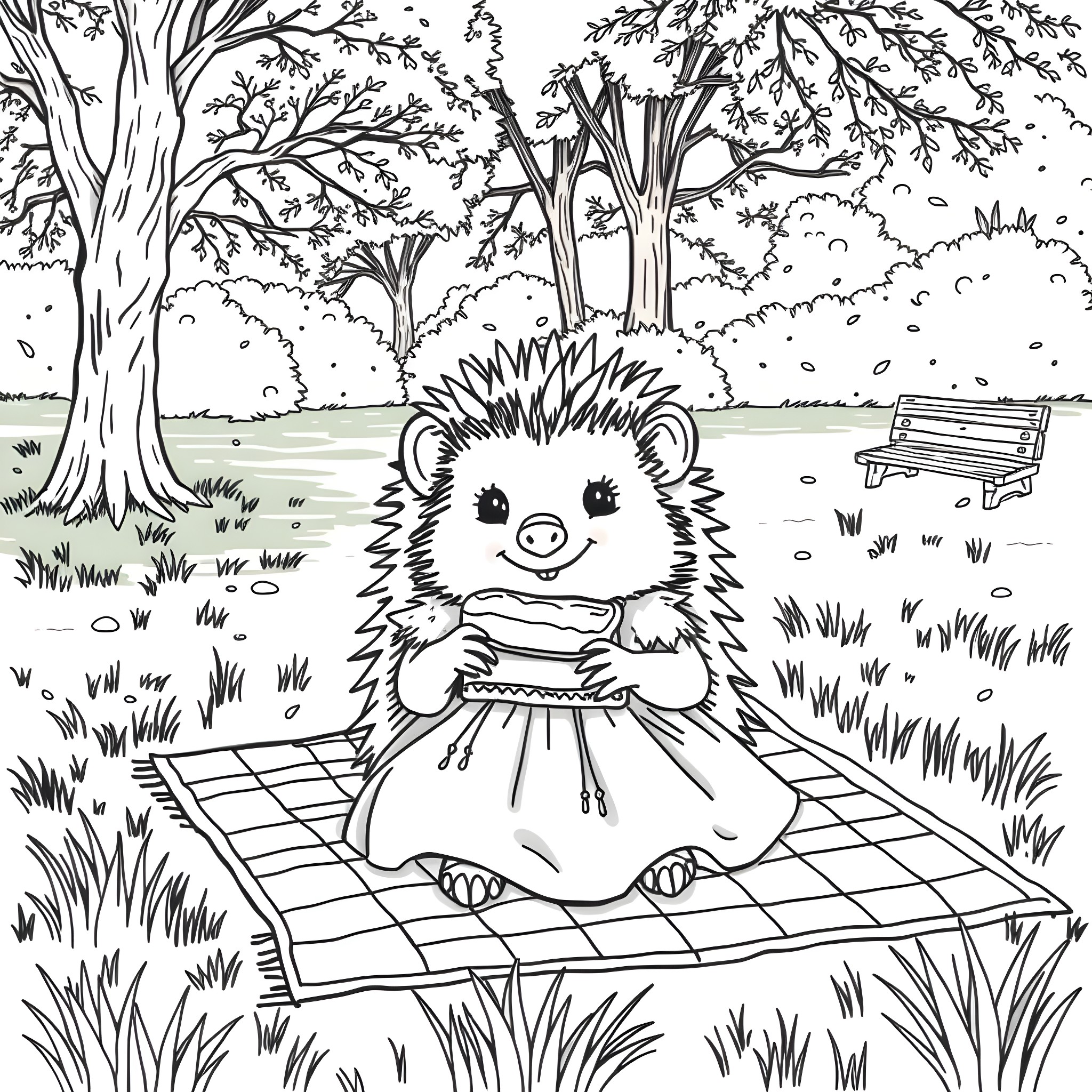Hedgehog enjoying a picnic in the park Coloring Page (free black-and-white line drawing printable PDF for all, from beginners to advanced learners, including children, teens, adults, and seniors)