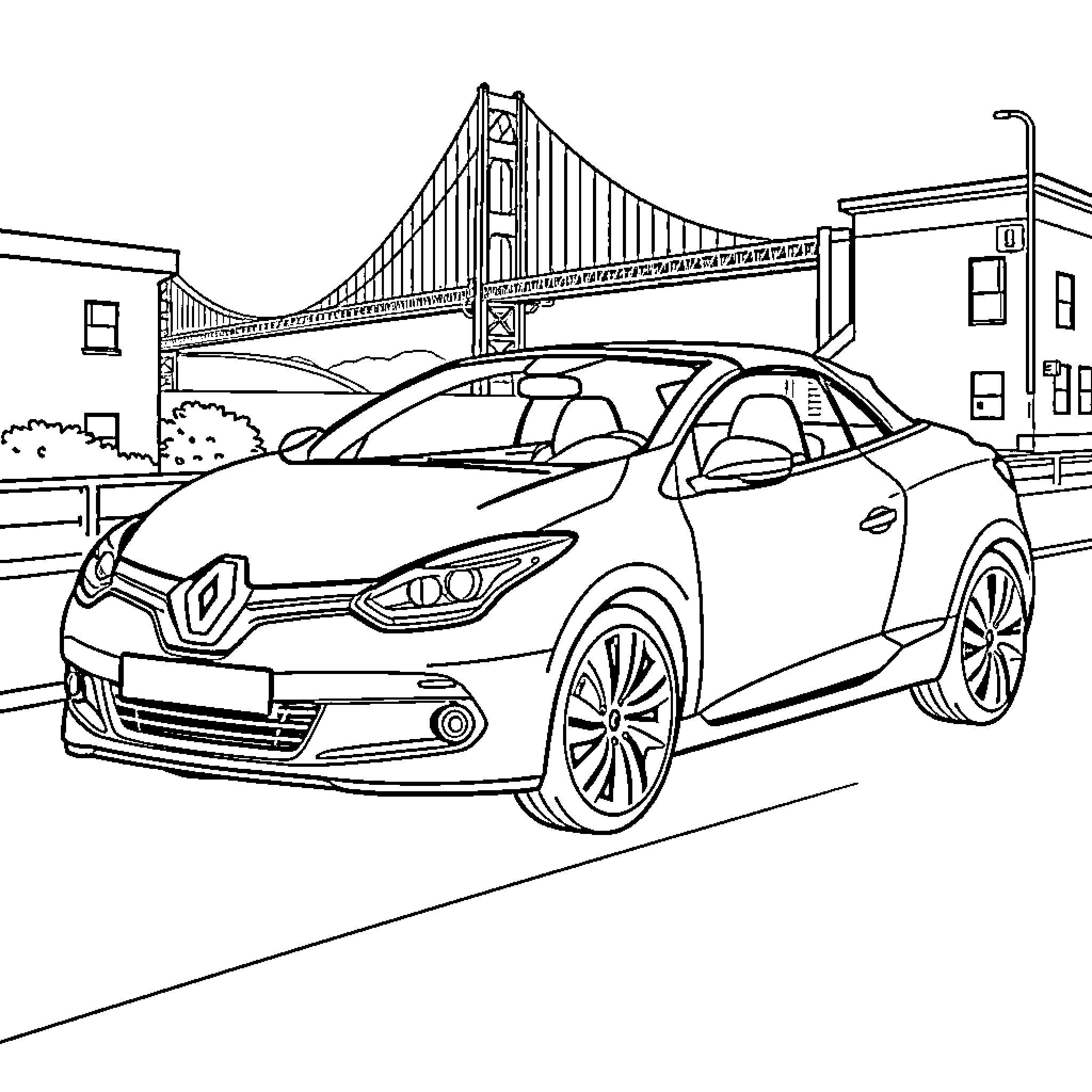 Renault Mégane driving by a city bridge Coloring Page (free black-and-white line drawing printable PDF for all, from beginners to advanced learners, including children, teens, adults, and seniors)