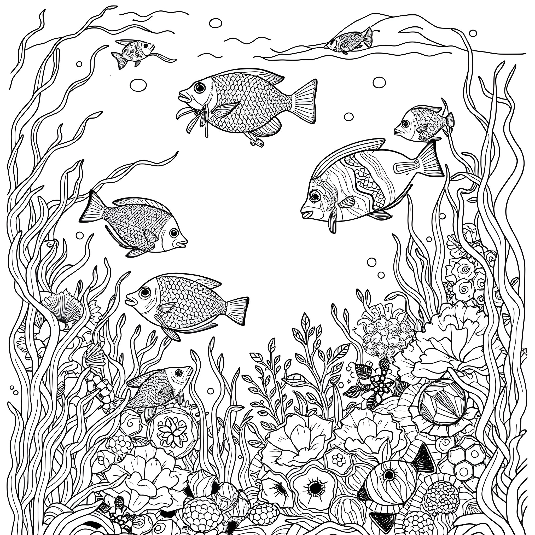 Fish swimming in an underwater garden Coloring Page (free black-and-white line drawing printable PDF for all, from beginners to advanced learners, including children, teens, adults, and seniors)