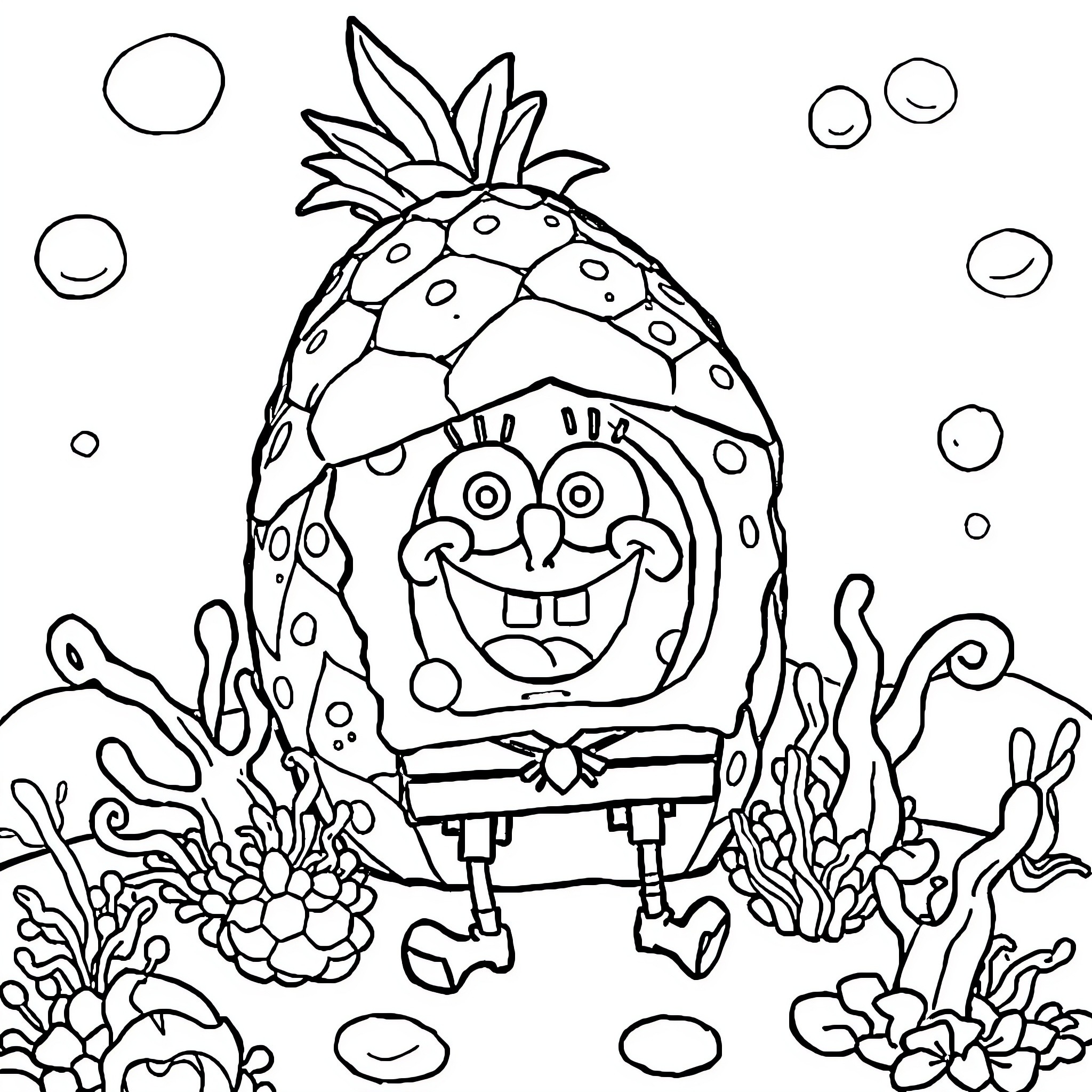 Spongebob exploring the underwater world Coloring Page (free black-and-white line drawing printable PDF for all, from beginners to advanced learners, including children, teens, adults, and seniors)