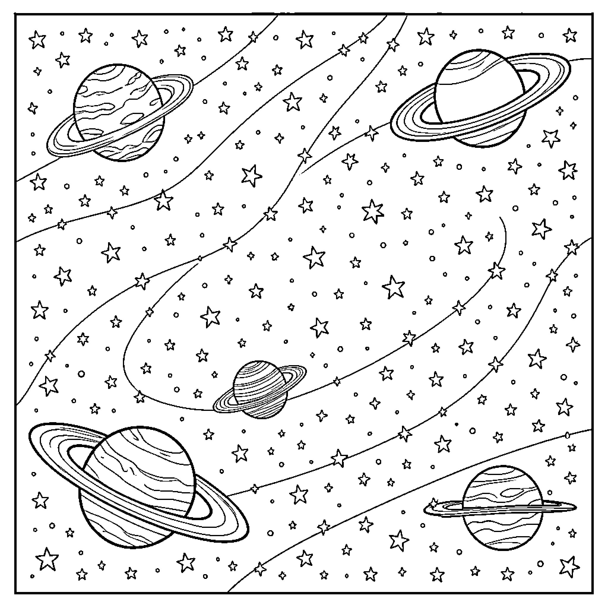 Planet floating among stars and cosmic trails Coloring Page (free black-and-white line drawing printable PDF for all, from beginners to advanced learners, including children, teens, adults, and seniors)