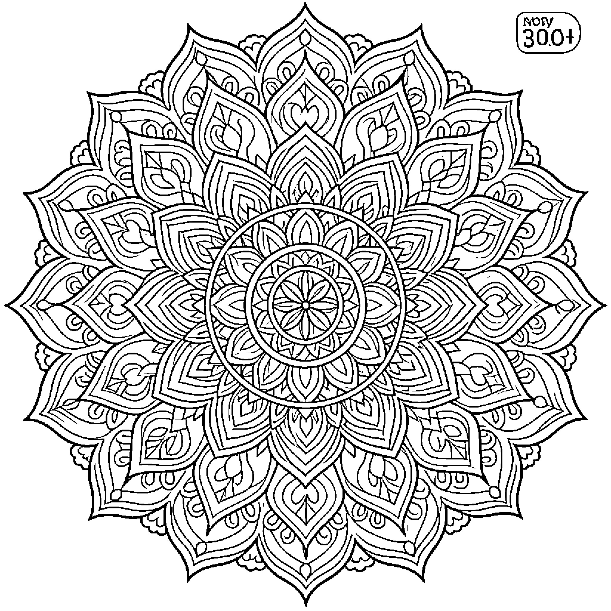 Mandala of intricate floral patterns Coloring Page (free black-and-white line drawing printable PDF for all, from beginners to advanced learners, including children, teens, adults, and seniors)
