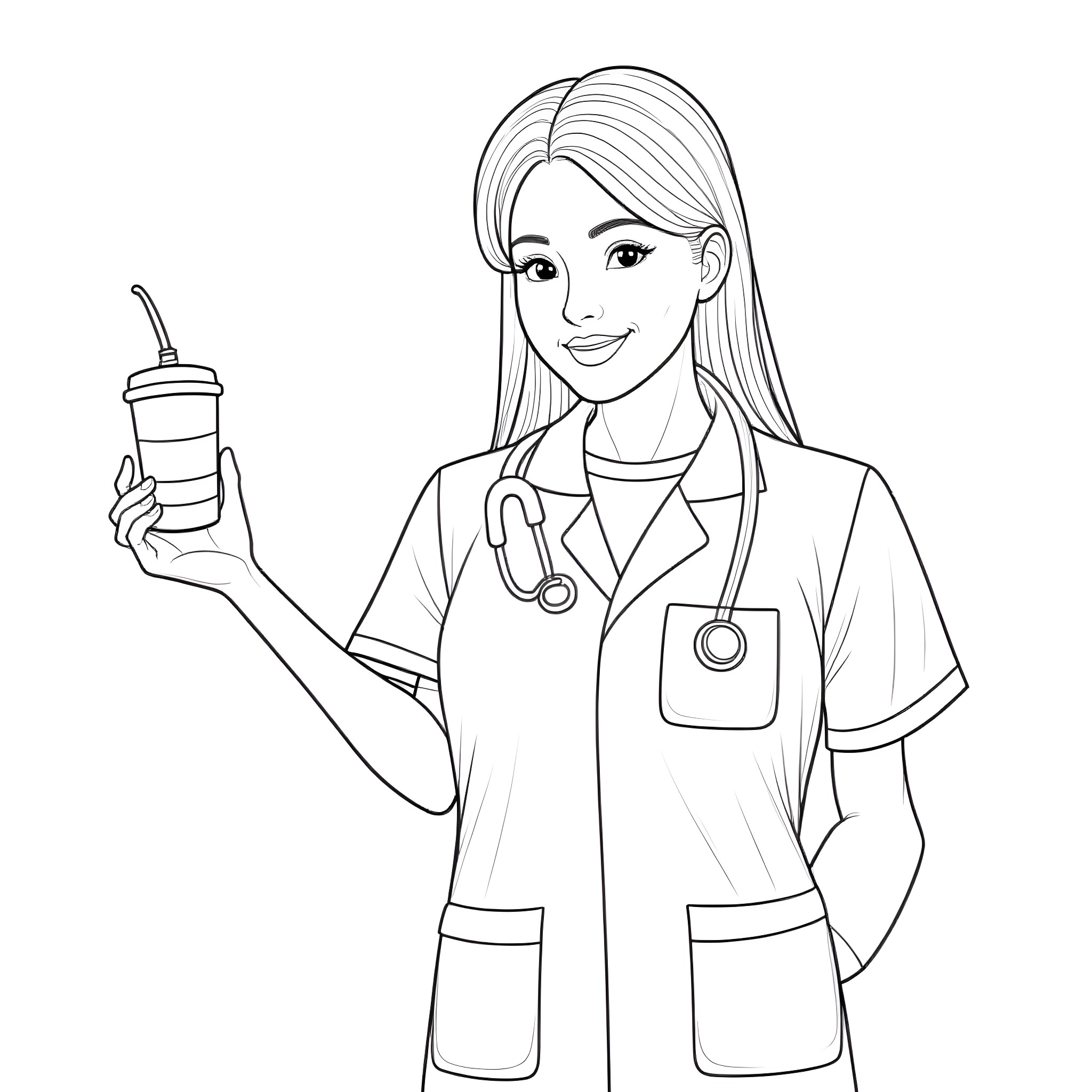 Medical Assistant Holding a Coffee Cup Coloring Page (free black-and-white line drawing printable PDF for all, from beginners to advanced learners, including children, teens, adults, and seniors)