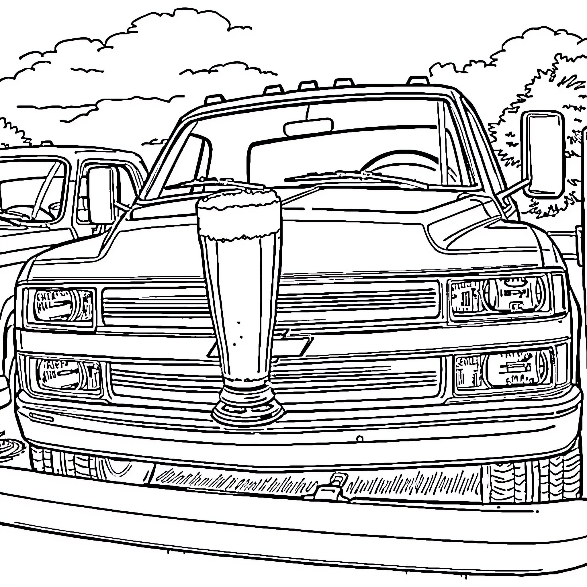 Truck hauling large trophy through scenic landscape Coloring Page (free black-and-white line drawing printable PDF for all, from beginners to advanced learners, including children, teens, adults, and seniors)