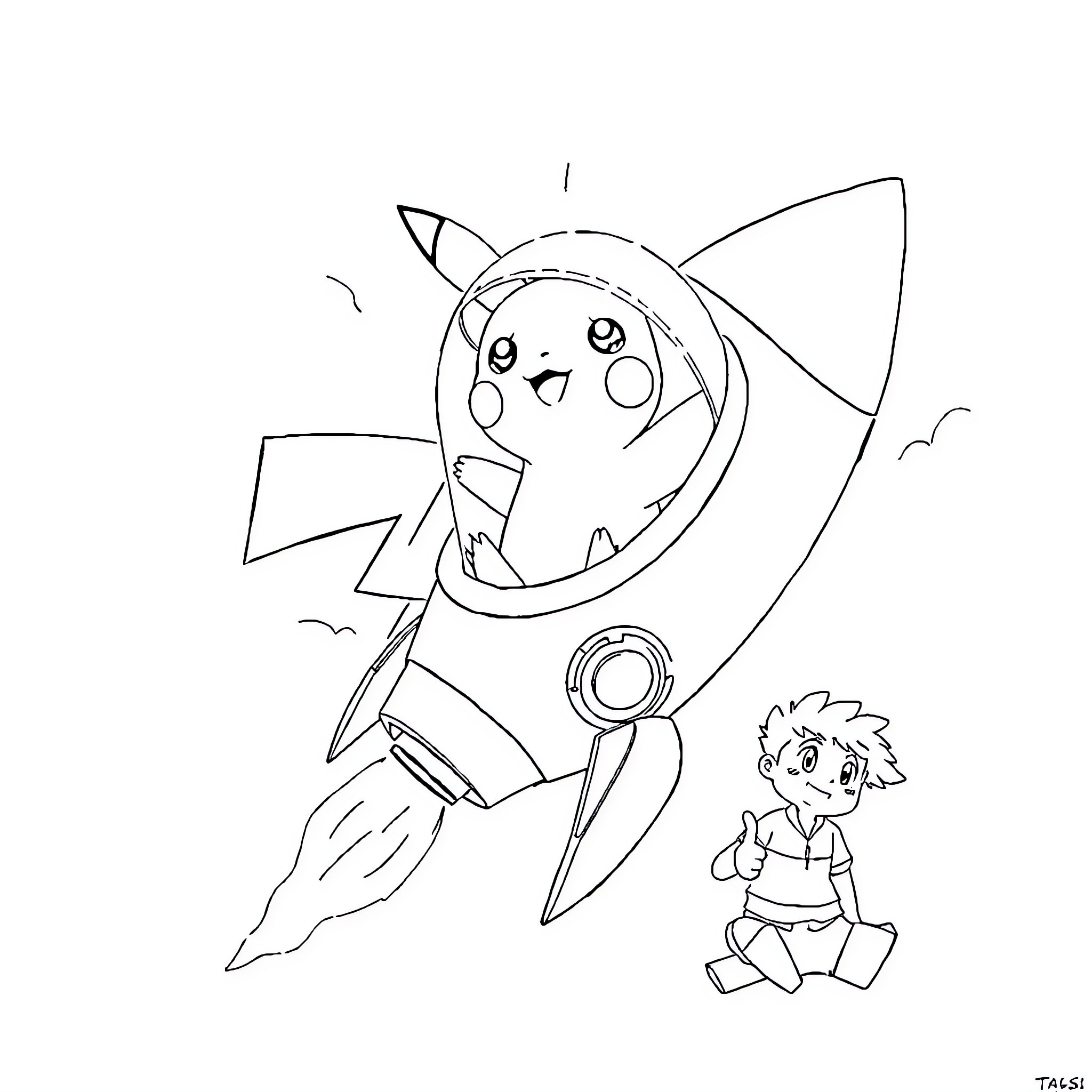 Pikachu soaring with a young companion Coloring Page (free black-and-white line drawing printable PDF for all, from beginners to advanced learners, including children, teens, adults, and seniors)