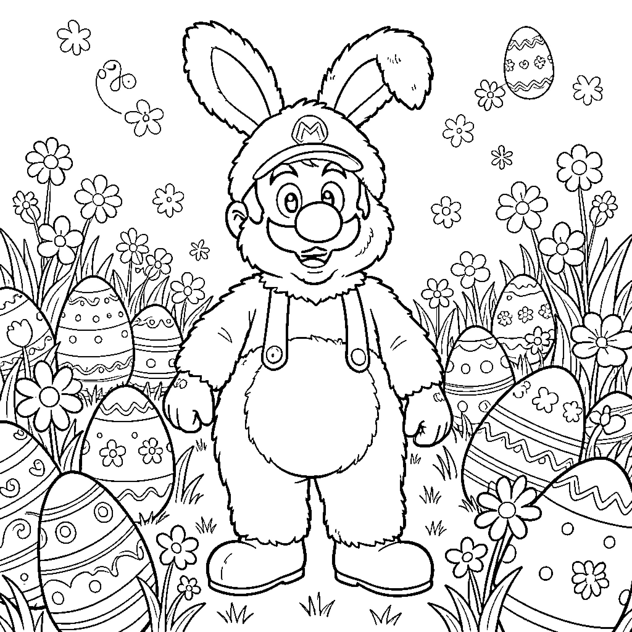 Luigi's Easter Adventure in a Flowery Meadow Coloring Page (free black-and-white line drawing printable PDF for all, from beginners to advanced learners, including children, teens, adults, and seniors)