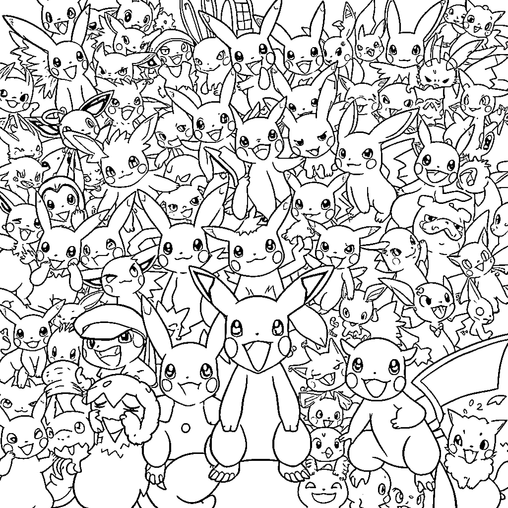 Pokémon characters in a crowded scene Coloring Page (free black-and-white line drawing printable PDF for all, from beginners to advanced learners, including children, teens, adults, and seniors)