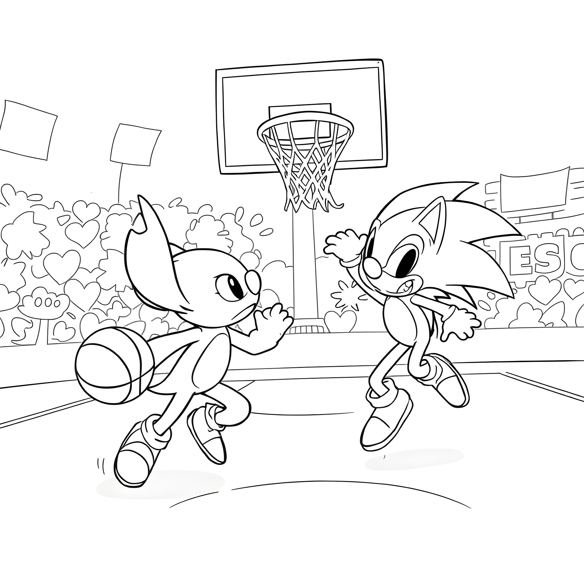 Stitch playing basketball with Sonic in the court Coloring Page (free black-and-white line drawing printable PDF for all, from beginners to advanced learners, including children, teens, adults, and seniors)
