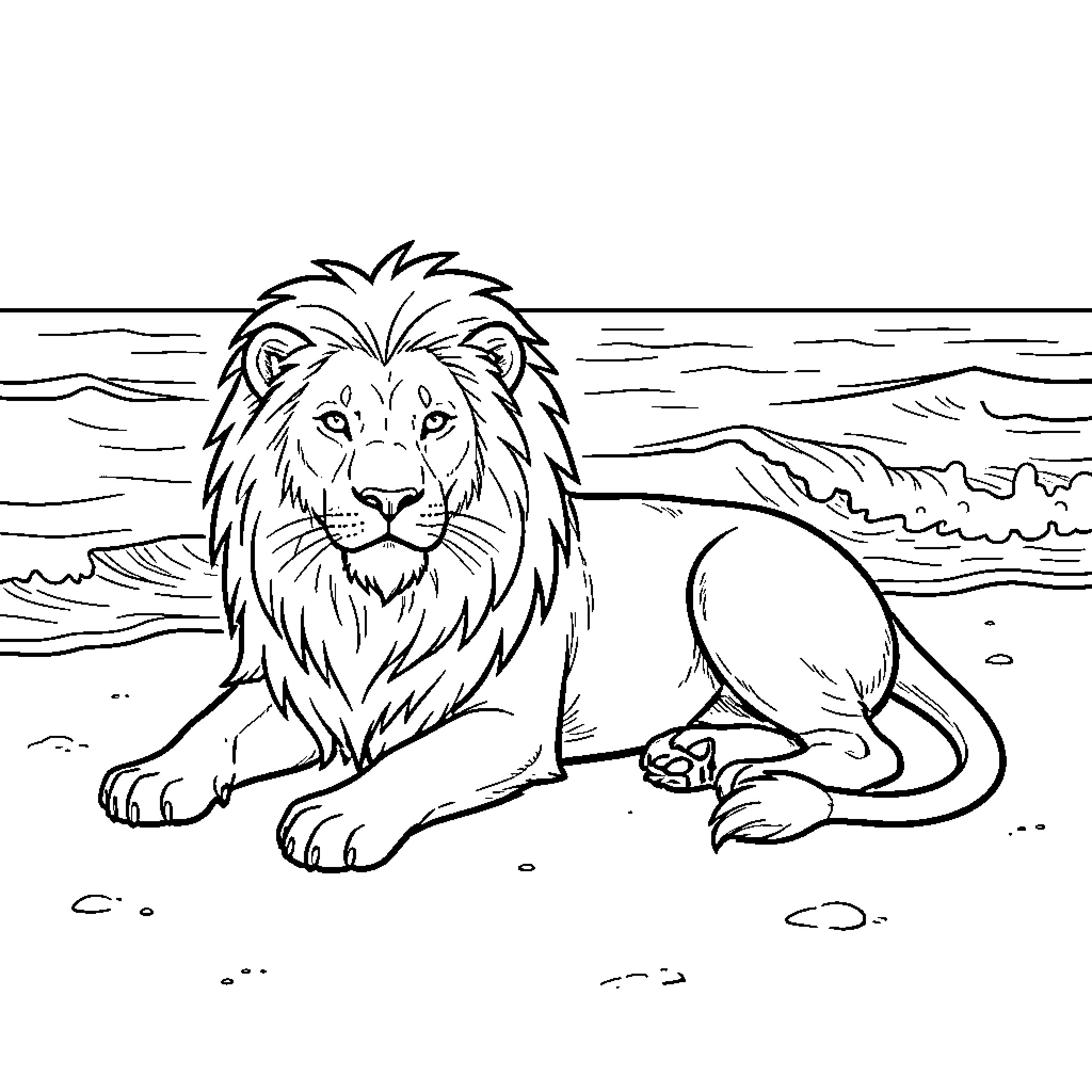 Lion resting peacefully on a sandy beach Coloring Page (free black-and-white line drawing printable PDF for all, from beginners to advanced learners, including children, teens, adults, and seniors)