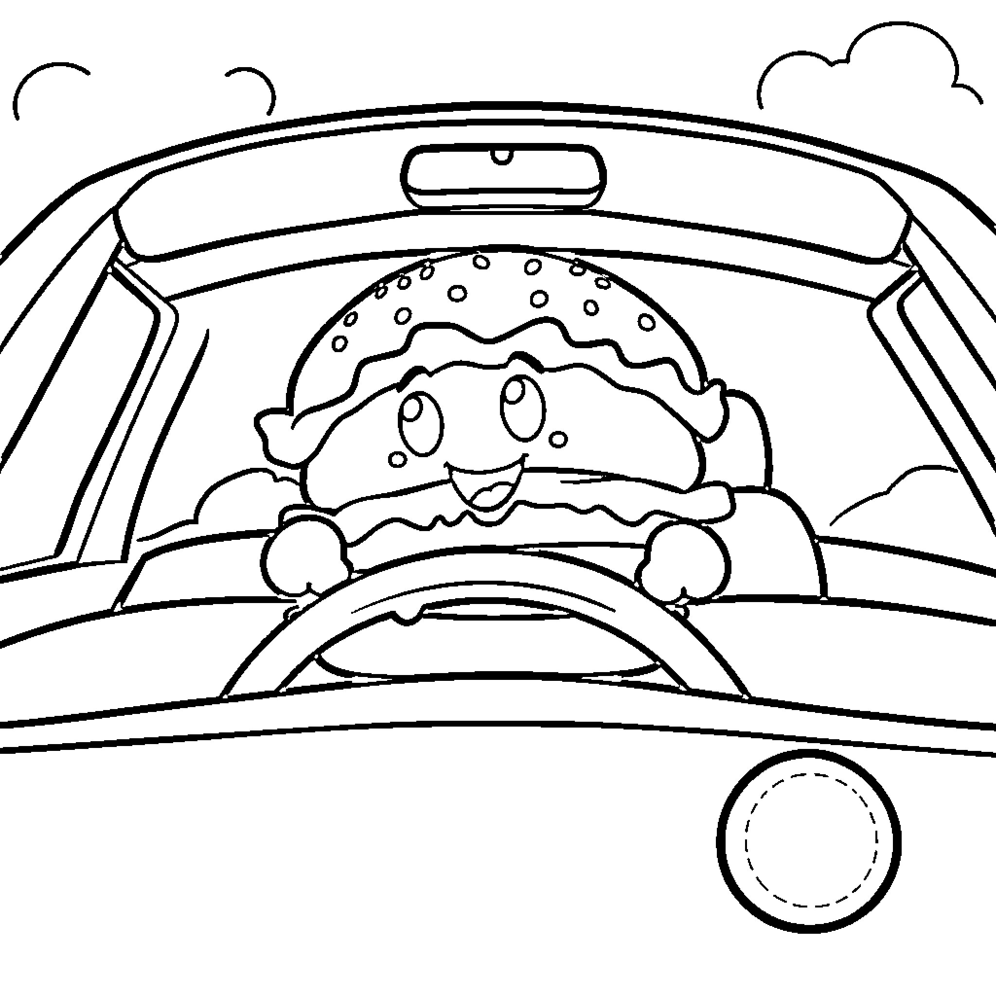 Cheeseburger character driving a car happily Coloring Page (free black-and-white line drawing printable PDF for all, from beginners to advanced learners, including children, teens, adults, and seniors)