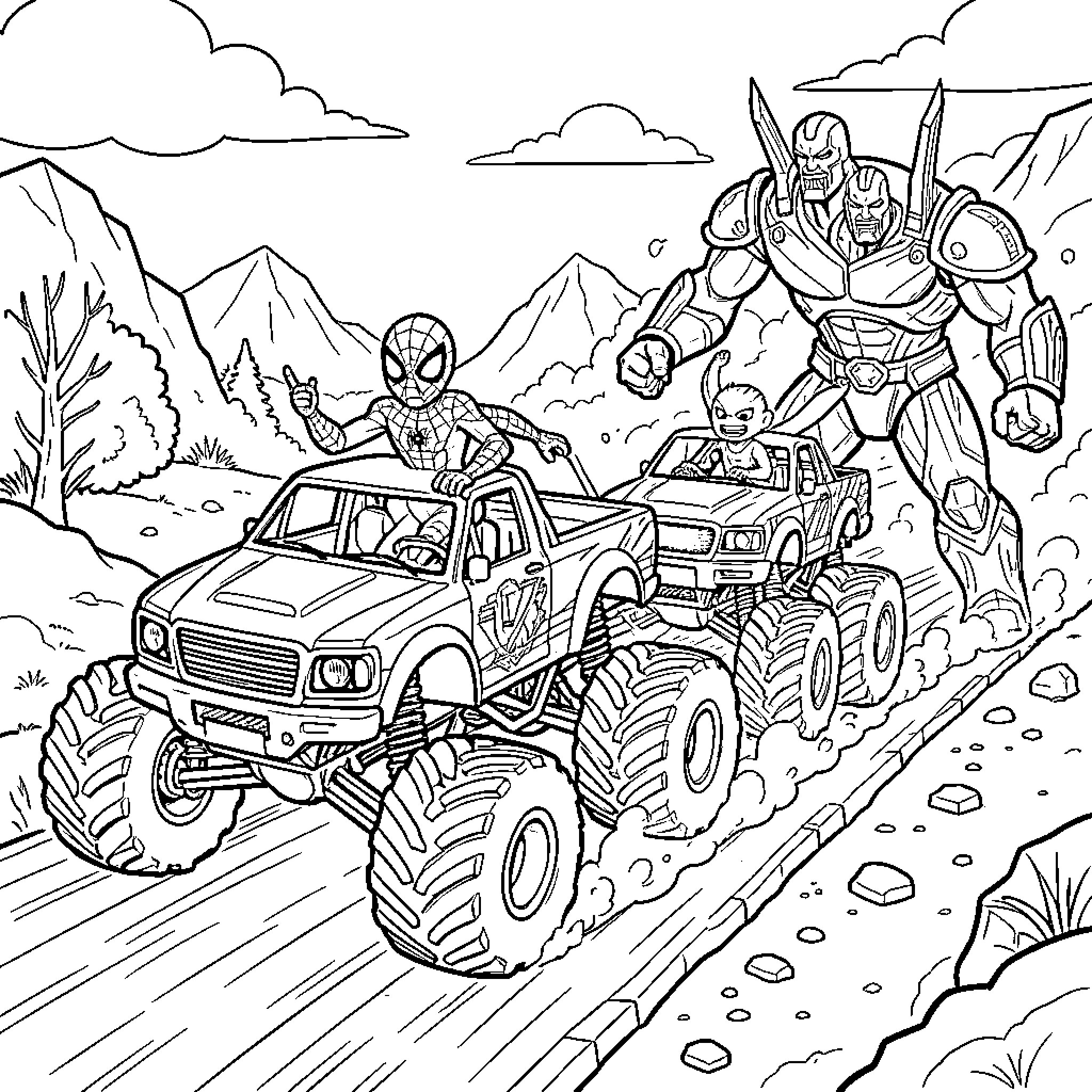 Spider-Man and Hulkbuster Explore Rugged Terrain Coloring Page (free black-and-white line drawing printable PDF for all, from beginners to advanced learners, including children, teens, adults, and seniors)