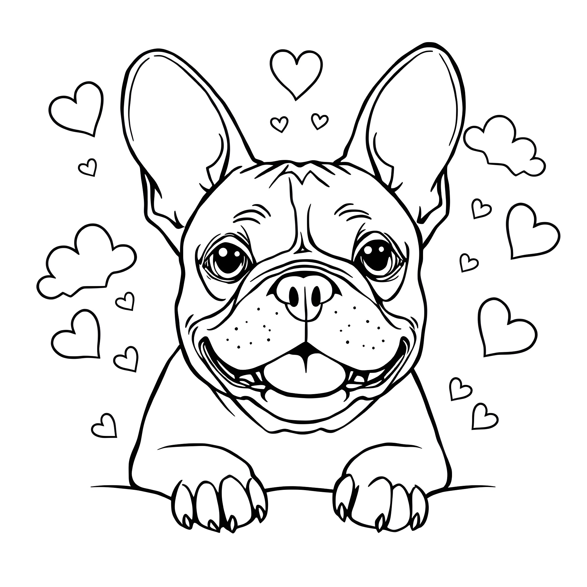 French Bulldog with happy expression surrounded by hearts Coloring Page (free black-and-white line drawing printable PDF for all, from beginners to advanced learners, including children, teens, adults, and seniors)
