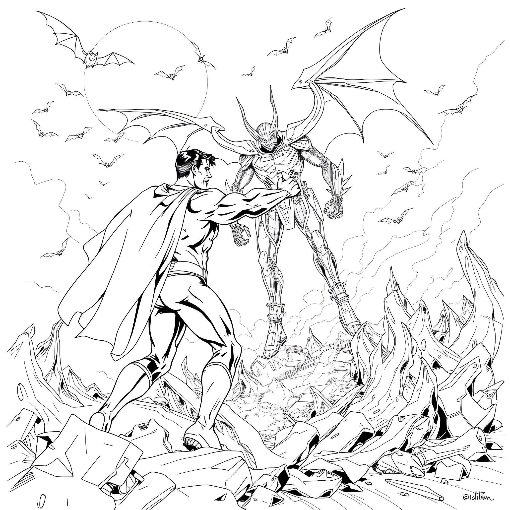 Superman battling a powerful demonic villain in a dramatic scene Coloring Page (free black-and-white line drawing printable PDF for all, from beginners to advanced learners, including children, teens, adults, and seniors)
