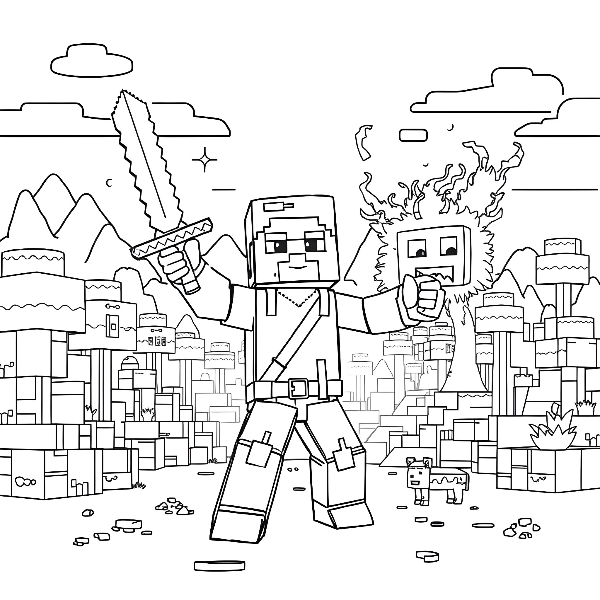 Steve fights a giant robot in the city Coloring Page (free black-and-white line drawing printable PDF for all, from beginners to advanced learners, including children, teens, adults, and seniors)