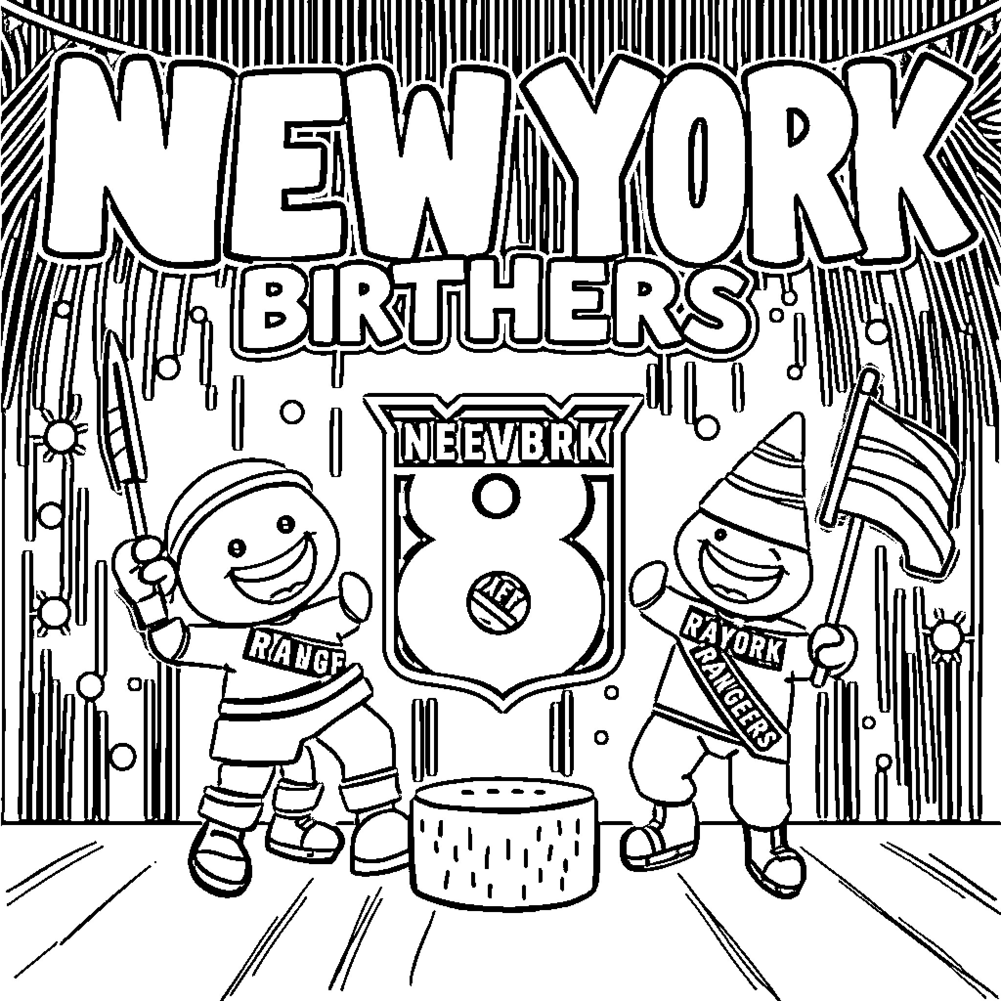 New York Rangers' Celebratory Fanfare Coloring Page (free black-and-white line drawing printable PDF for all, from beginners to advanced learners, including children, teens, adults, and seniors)