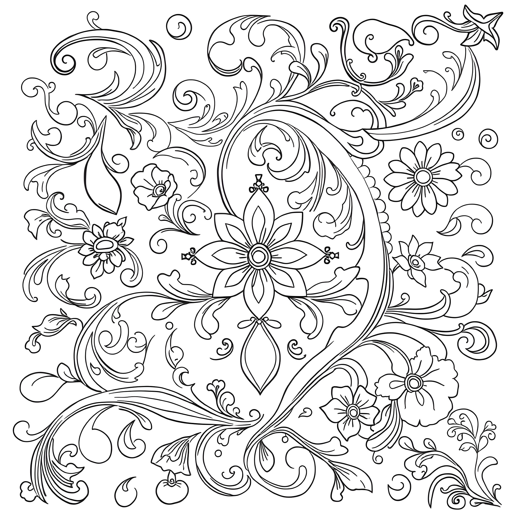 Paisley Floral Pattern with Swirls and Flowers Coloring Page (free black-and-white line drawing printable PDF for all, from beginners to advanced learners, including children, teens, adults, and seniors)
