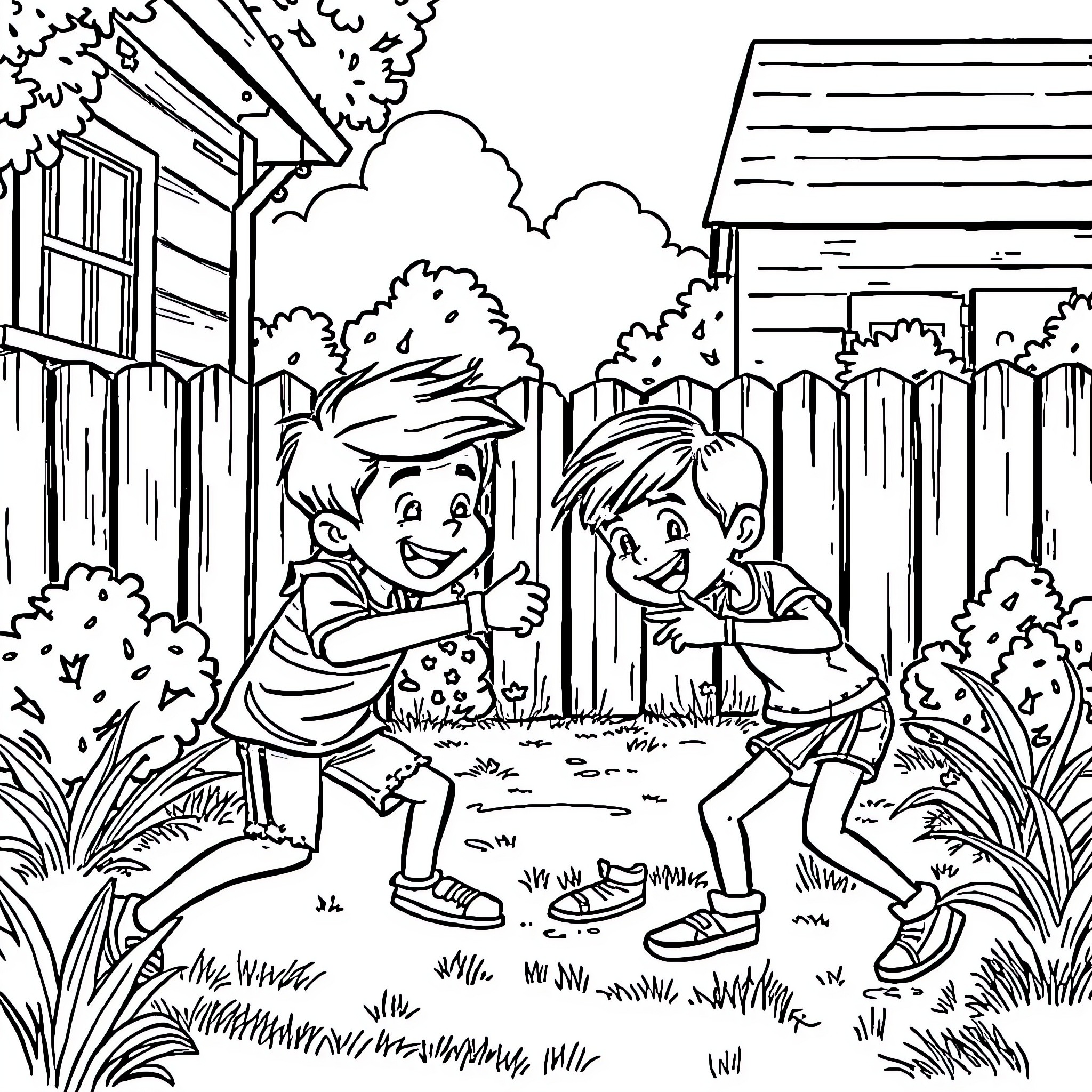 Kids playing joyfully in the backyard Coloring Page (free black-and-white line drawing printable PDF for all, from beginners to advanced learners, including children, teens, adults, and seniors)