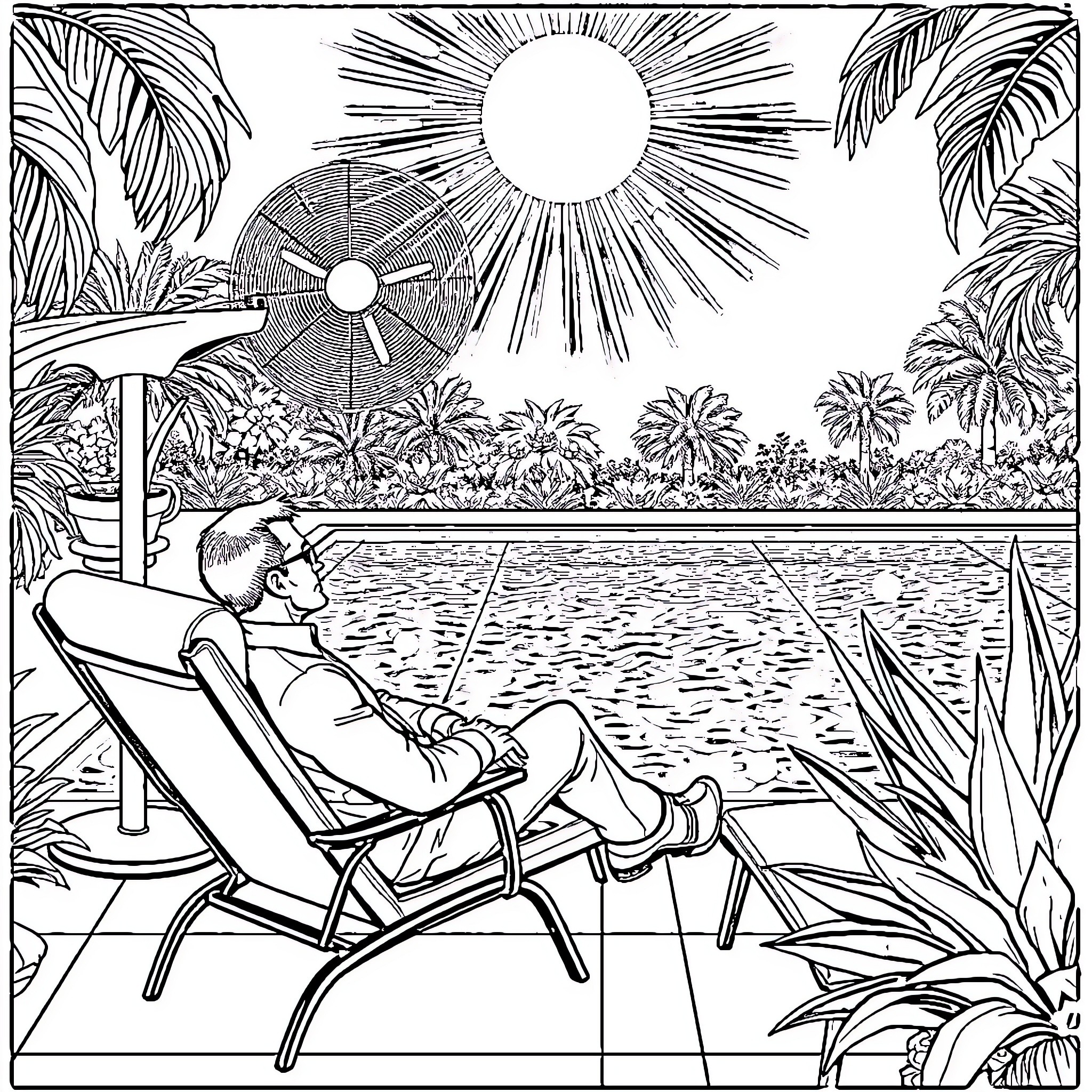 James Bond relaxing on a tropical beach Coloring Page (free black-and-white line drawing printable PDF for all, from beginners to advanced learners, including children, teens, adults, and seniors)