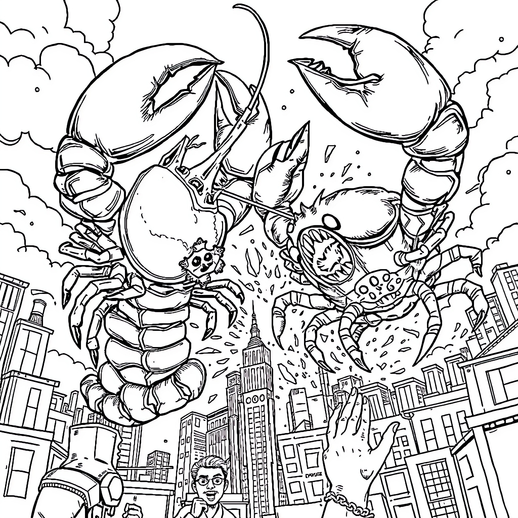 Lobster Monsters Attacking City Skyline Coloring Page (free black-and-white line drawing printable PDF for all, from beginners to advanced learners, including children, teens, adults, and seniors)