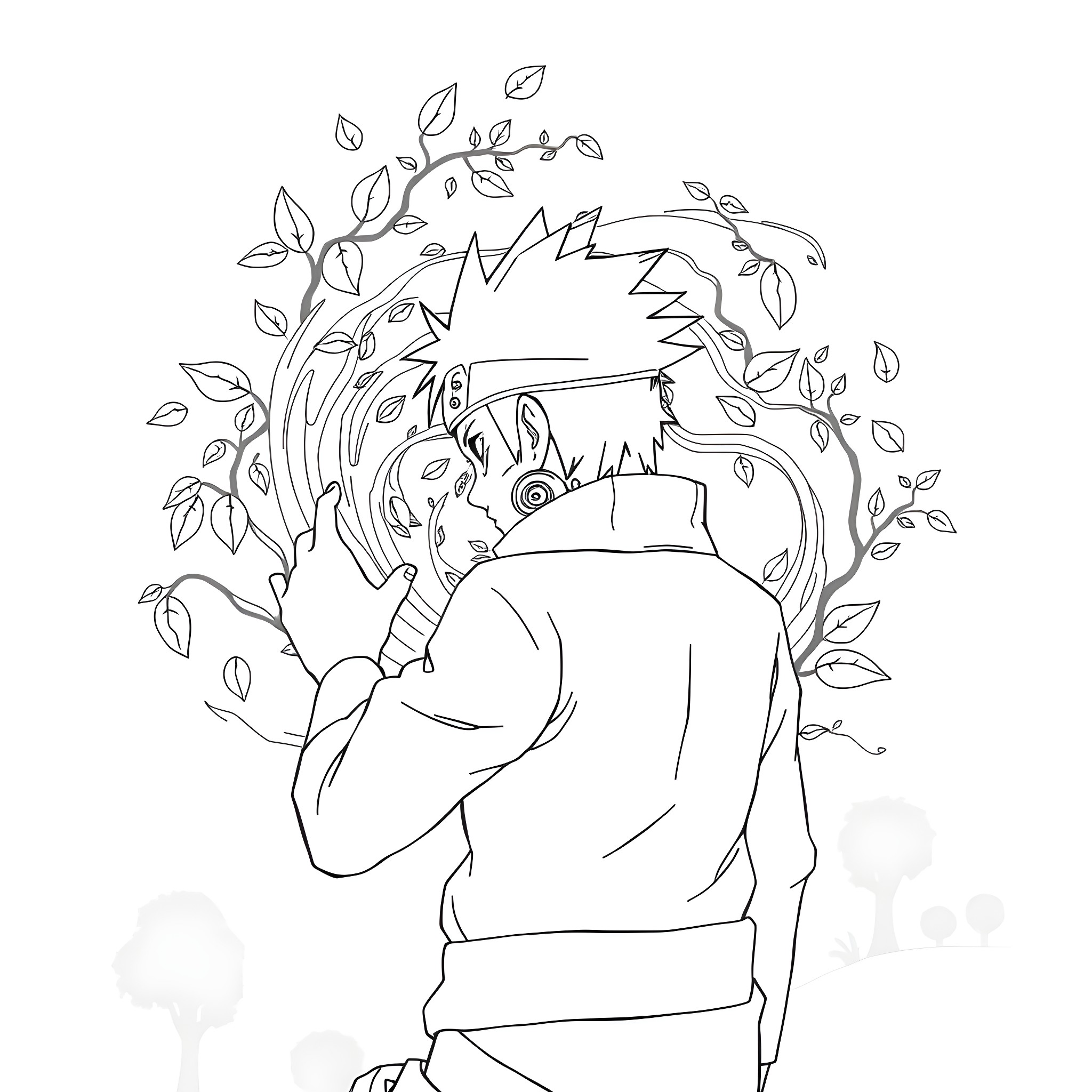Naruto character in a nature-filled scene Coloring Page (free black-and-white line drawing printable PDF for all, from beginners to advanced learners, including children, teens, adults, and seniors)