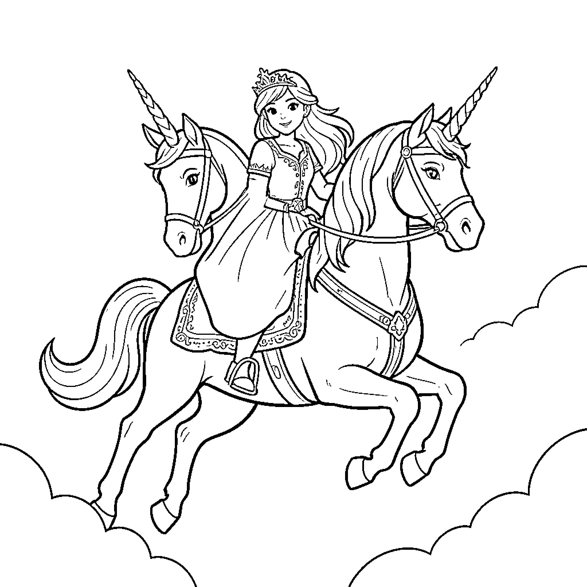Princess riding a majestic unicorn through the clouds Coloring Page (free black-and-white line drawing printable PDF for all, from beginners to advanced learners, including children, teens, adults, and seniors)