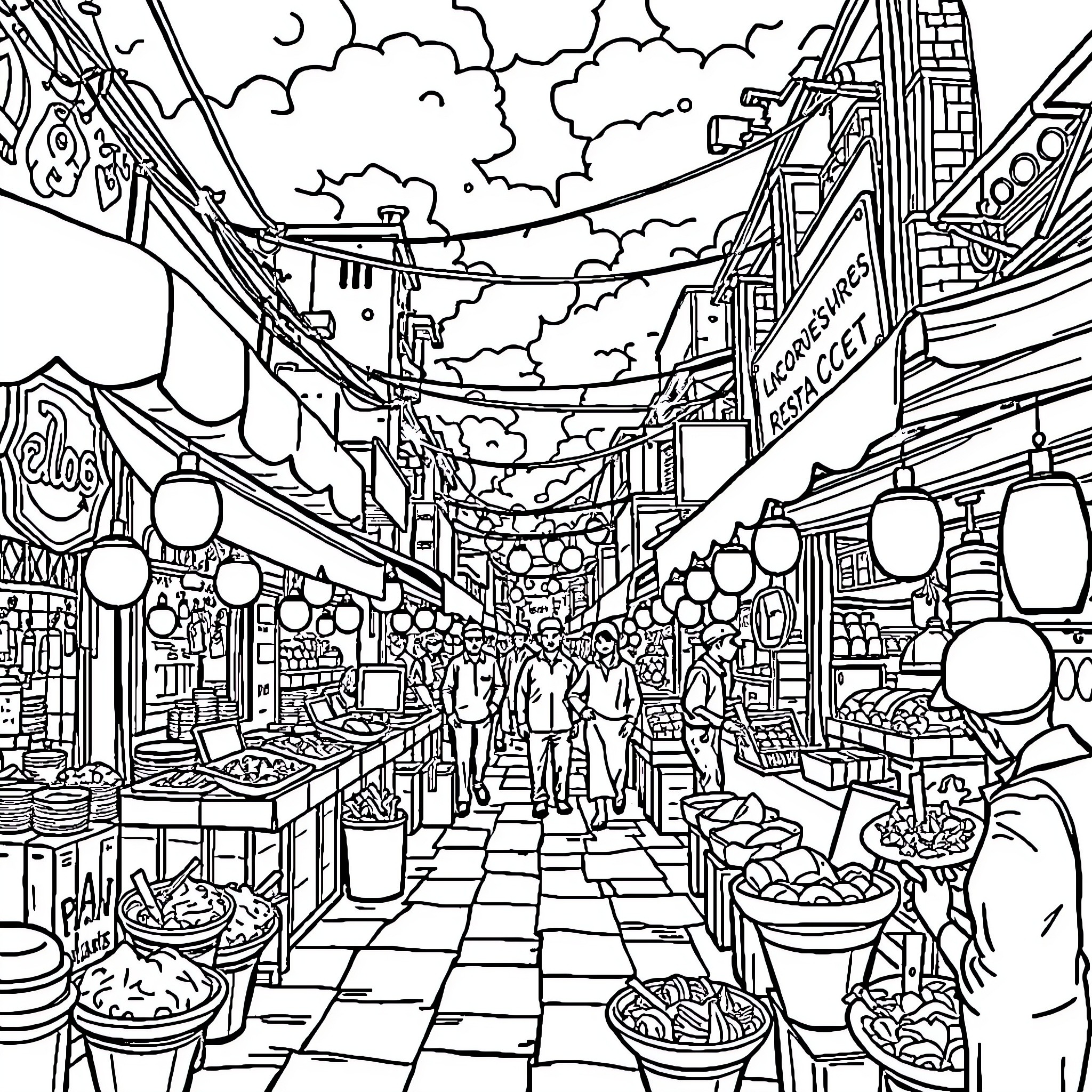 Food Bustling Street Market with Lanterns and Crowds Coloring Page (free black-and-white line drawing printable PDF for all, from beginners to advanced learners, including children, teens, adults, and seniors)
