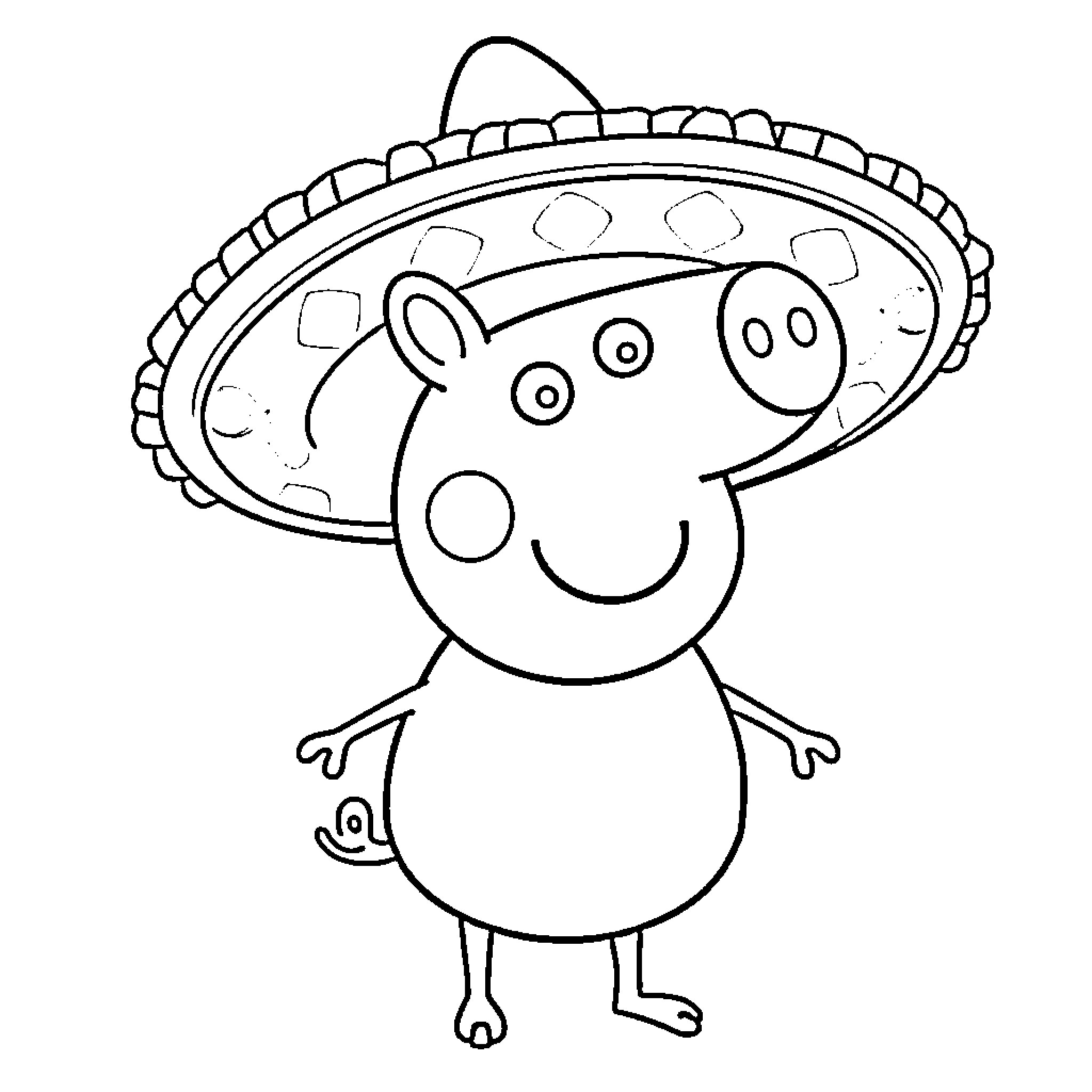 Peppa Pig wearing a sombrero hat Coloring Page (free black-and-white line drawing printable PDF for all, from beginners to advanced learners, including children, teens, adults, and seniors)