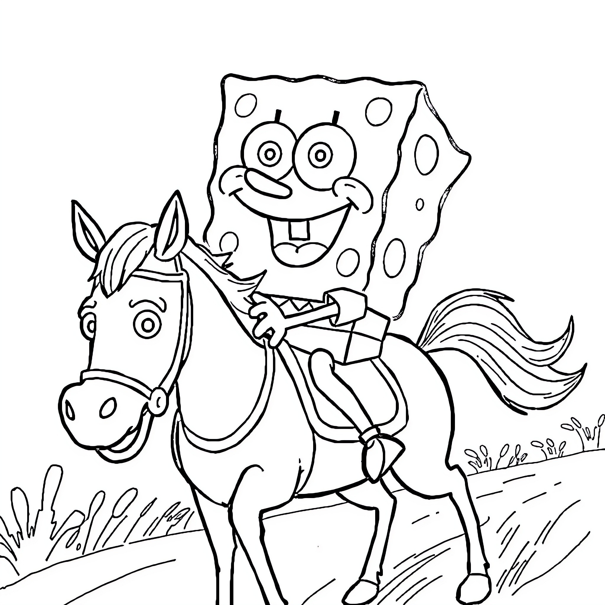 Spongebob riding a horse happily in the field Coloring Page (free black-and-white line drawing printable PDF for all, from beginners to advanced learners, including children, teens, adults, and seniors)