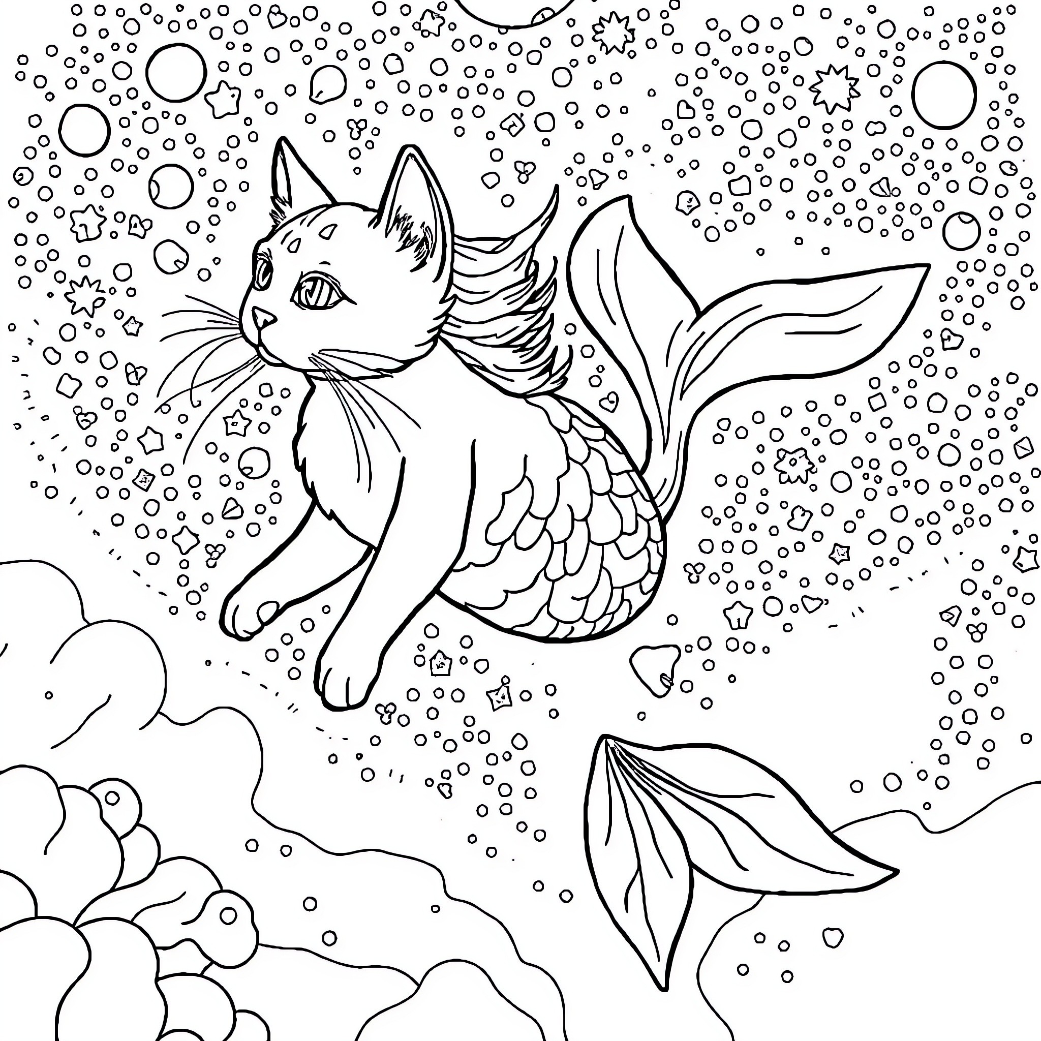 Mermaid Cat frolicking in the underwater world Coloring Page (free black-and-white line drawing printable PDF for all, from beginners to advanced learners, including children, teens, adults, and seniors)