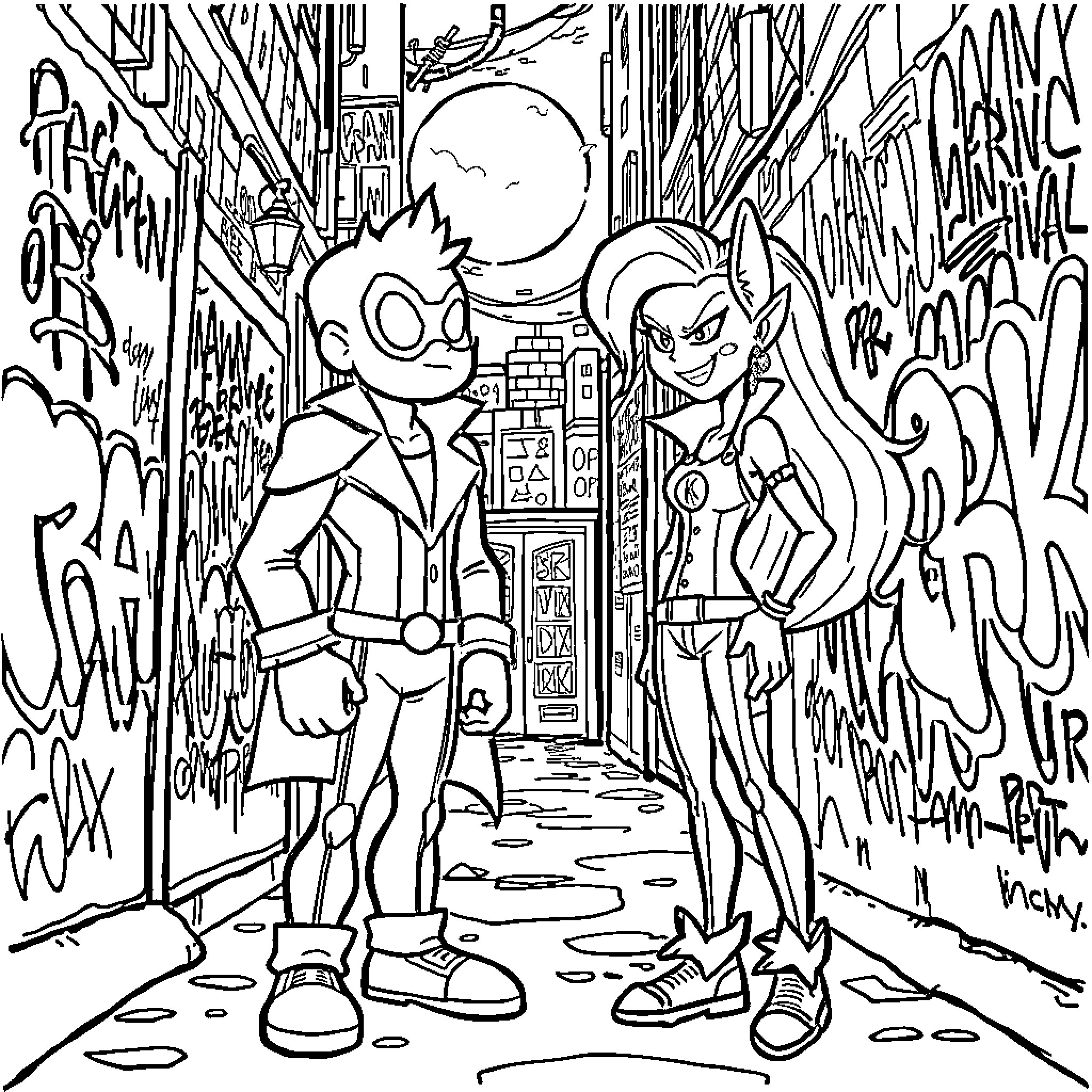 Homelander characters in an urban graffiti setting Coloring Page (free black-and-white line drawing printable PDF for all, from beginners to advanced learners, including children, teens, adults, and seniors)