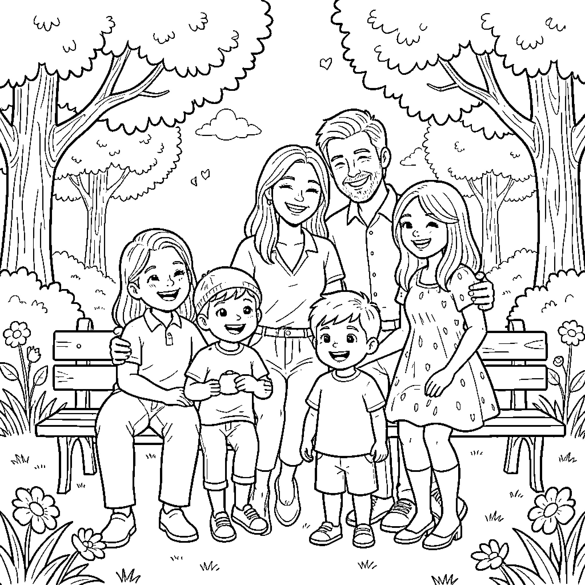 Family enjoying a day outdoors together Coloring Page (free black-and-white line drawing printable PDF for all, from beginners to advanced learners, including children, teens, adults, and seniors)