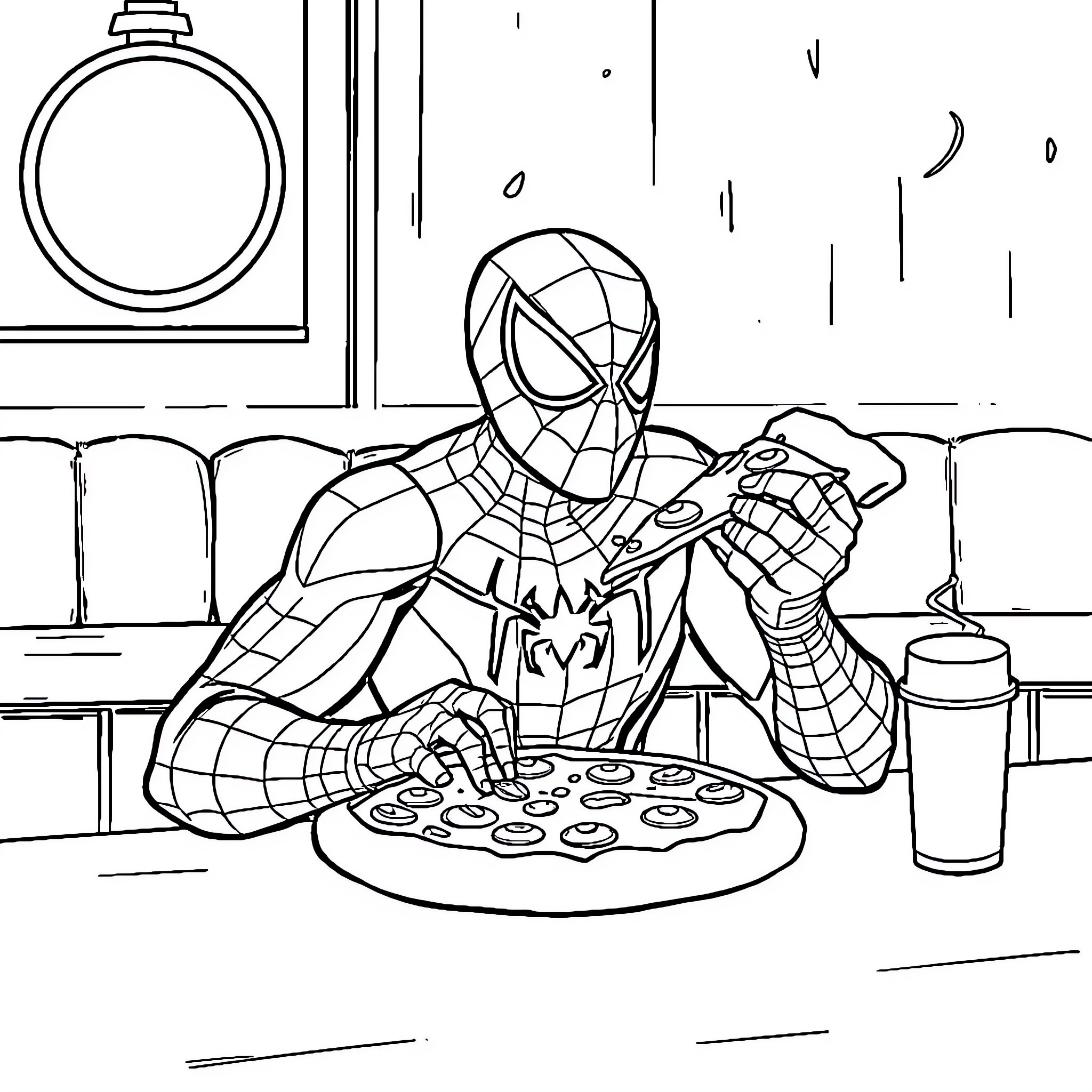 Spiderman enjoying a pizza in his secret hideout Coloring Page (free black-and-white line drawing printable PDF for all, from beginners to advanced learners, including children, teens, adults, and seniors)