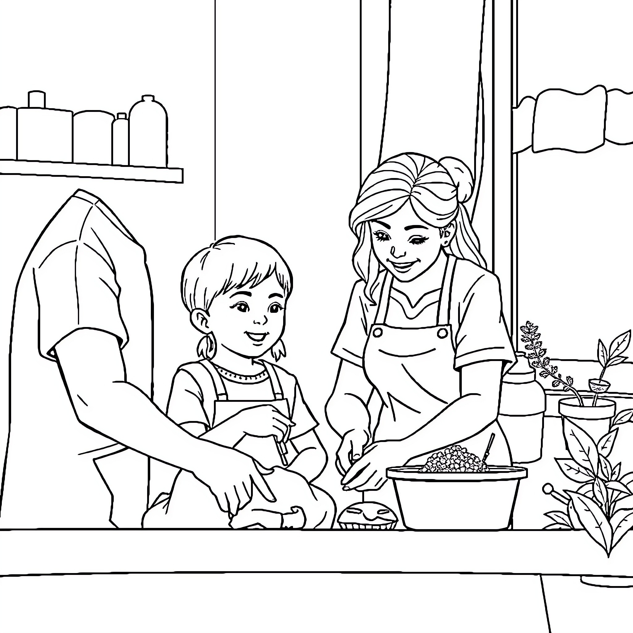 Carer assisting child in kitchen Coloring Page (free black-and-white line drawing printable PDF for all, from beginners to advanced learners, including children, teens, adults, and seniors)