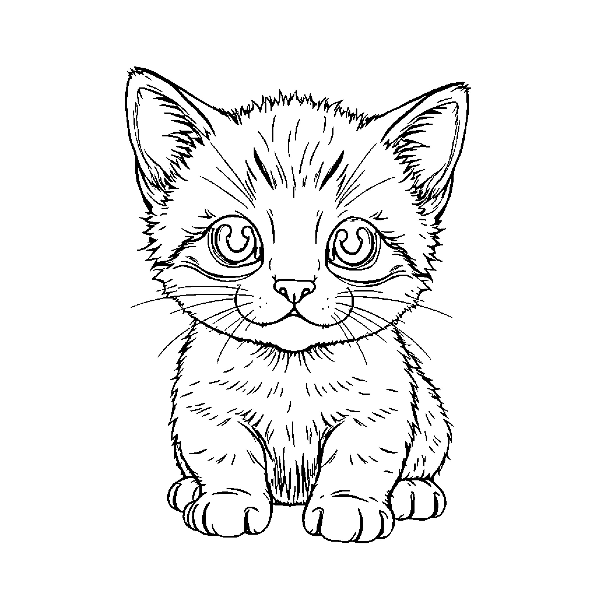 Cat Sitting with Curious Expression Coloring Page (free black-and-white line drawing printable PDF for all, from beginners to advanced learners, including children, teens, adults, and seniors)