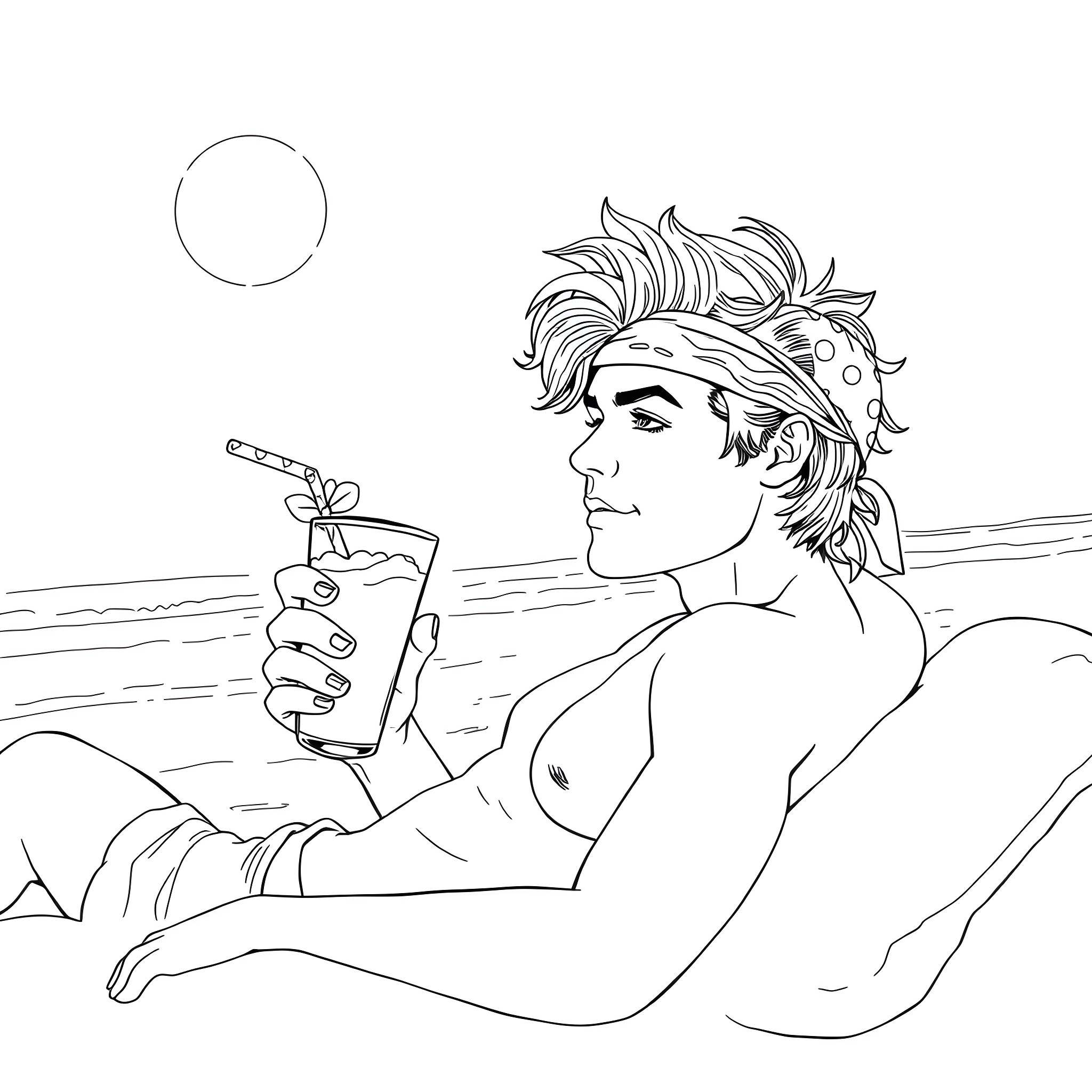 Harry Styles relaxing with a refreshing drink by the beach Coloring Page (free black-and-white line drawing printable PDF for all, from beginners to advanced learners, including children, teens, adults, and seniors)