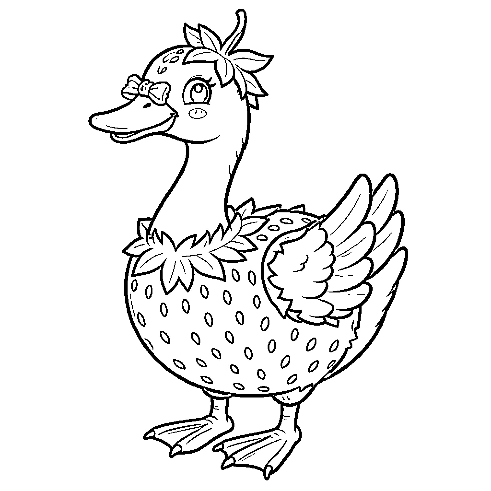 Ganso the Whimsical Bird with Floral Accents Coloring Page (free black-and-white line drawing printable PDF for all, from beginners to advanced learners, including children, teens, adults, and seniors)