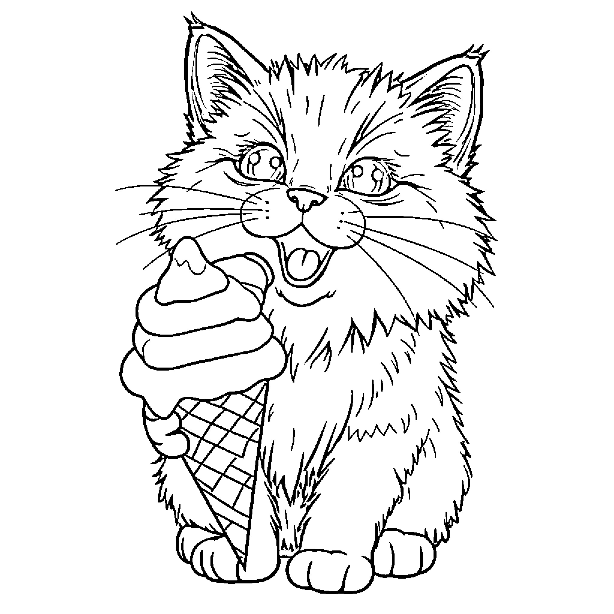 Cat eating an ice cream cone Coloring Page (free black-and-white line drawing printable PDF for all, from beginners to advanced learners, including children, teens, adults, and seniors)