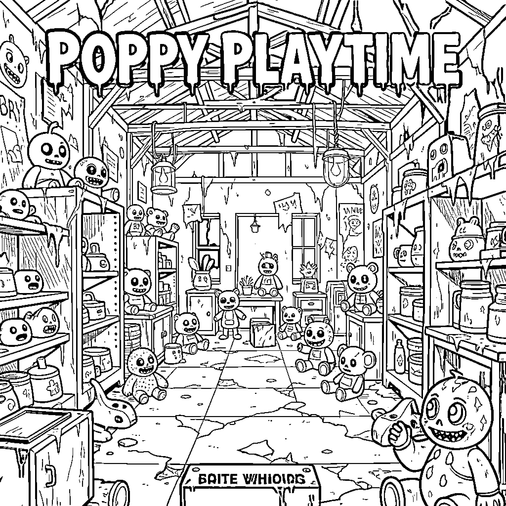 Poppy Playtime - Toys and Trinkets in Haunted Playroom Coloring Page (free black-and-white line drawing printable PDF for all, from beginners to advanced learners, including children, teens, adults, and seniors)