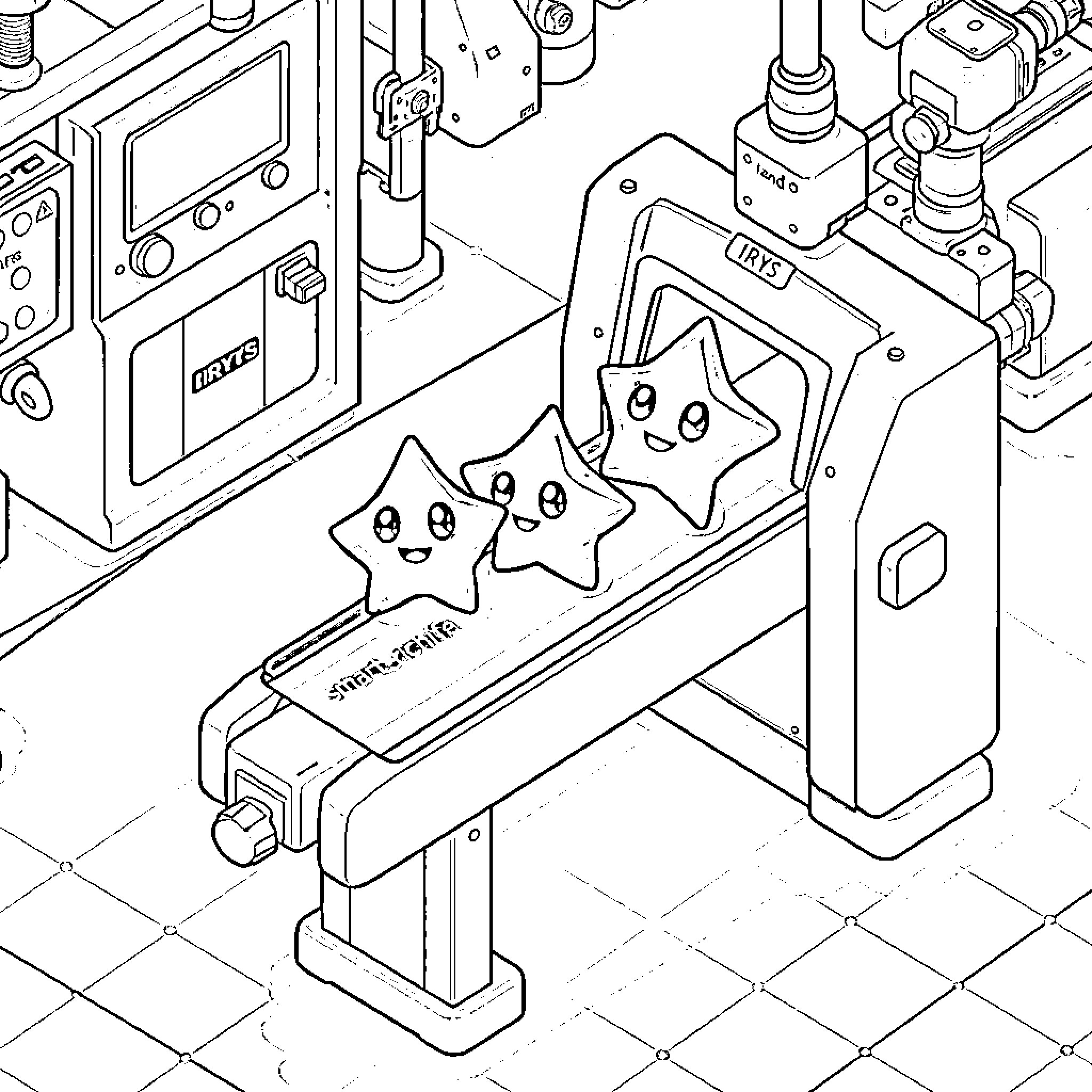 Sprite characters in a whimsical mechanical setting Coloring Page (free black-and-white line drawing printable PDF for all, from beginners to advanced learners, including children, teens, adults, and seniors)